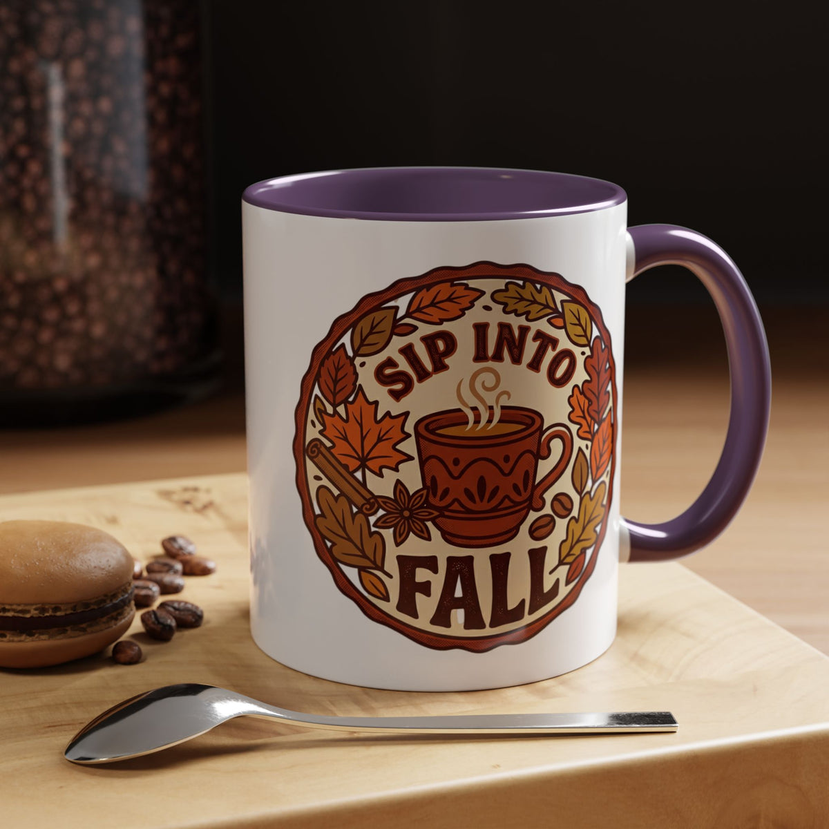 Sip Into Fall Accent Coffee Mug — Autumn Leaves & Hot Cup Design (11/15oz)