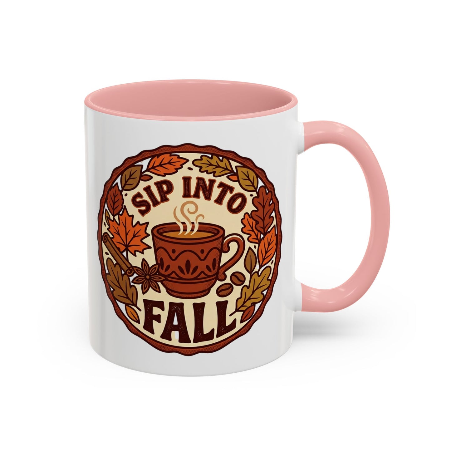 Sip Into Fall Accent Coffee Mug — Autumn Leaves & Hot Cup Design (11/15oz)