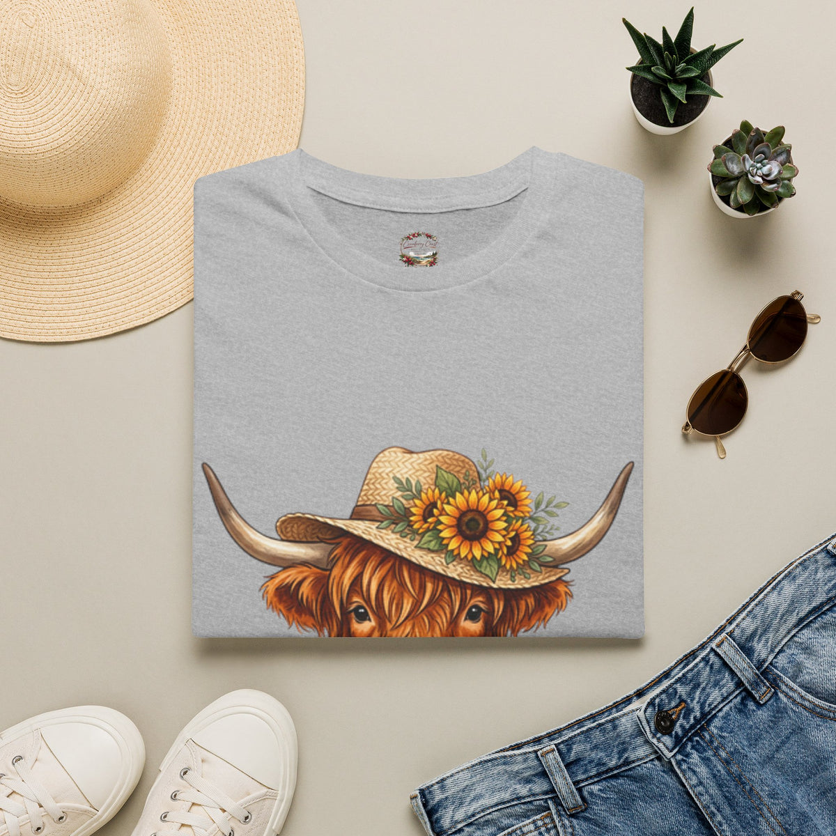 Highland Cow T-Shirt — Sunflower Straw Hat Cow Graphic Tee