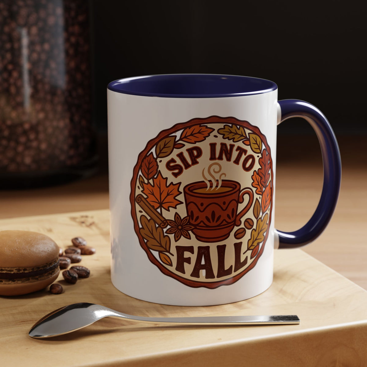 Sip Into Fall Accent Coffee Mug — Autumn Leaves & Hot Cup Design (11/15oz)