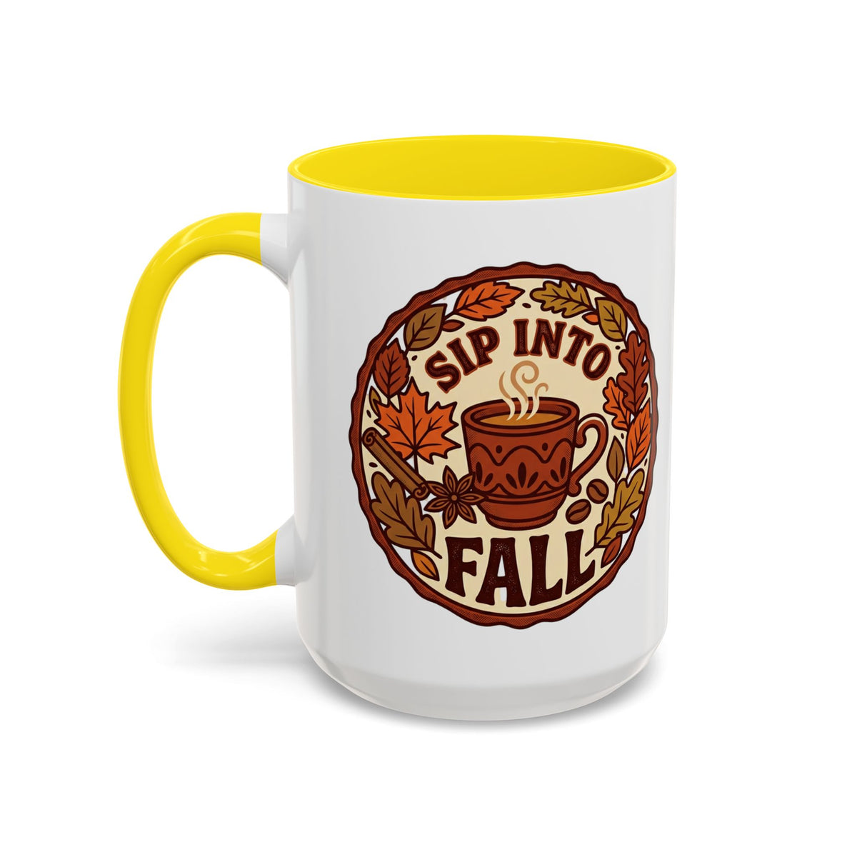 Sip Into Fall Accent Coffee Mug — Autumn Leaves & Hot Cup Design (11/15oz)