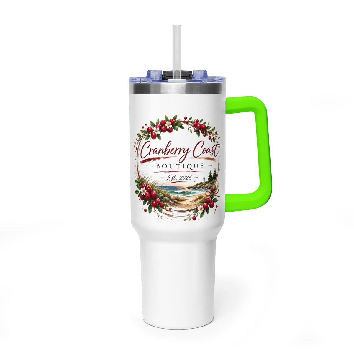 Cranberry Coast 40oz Vacuum Tumbler — Insulated Travel Mug with Handle and Straw