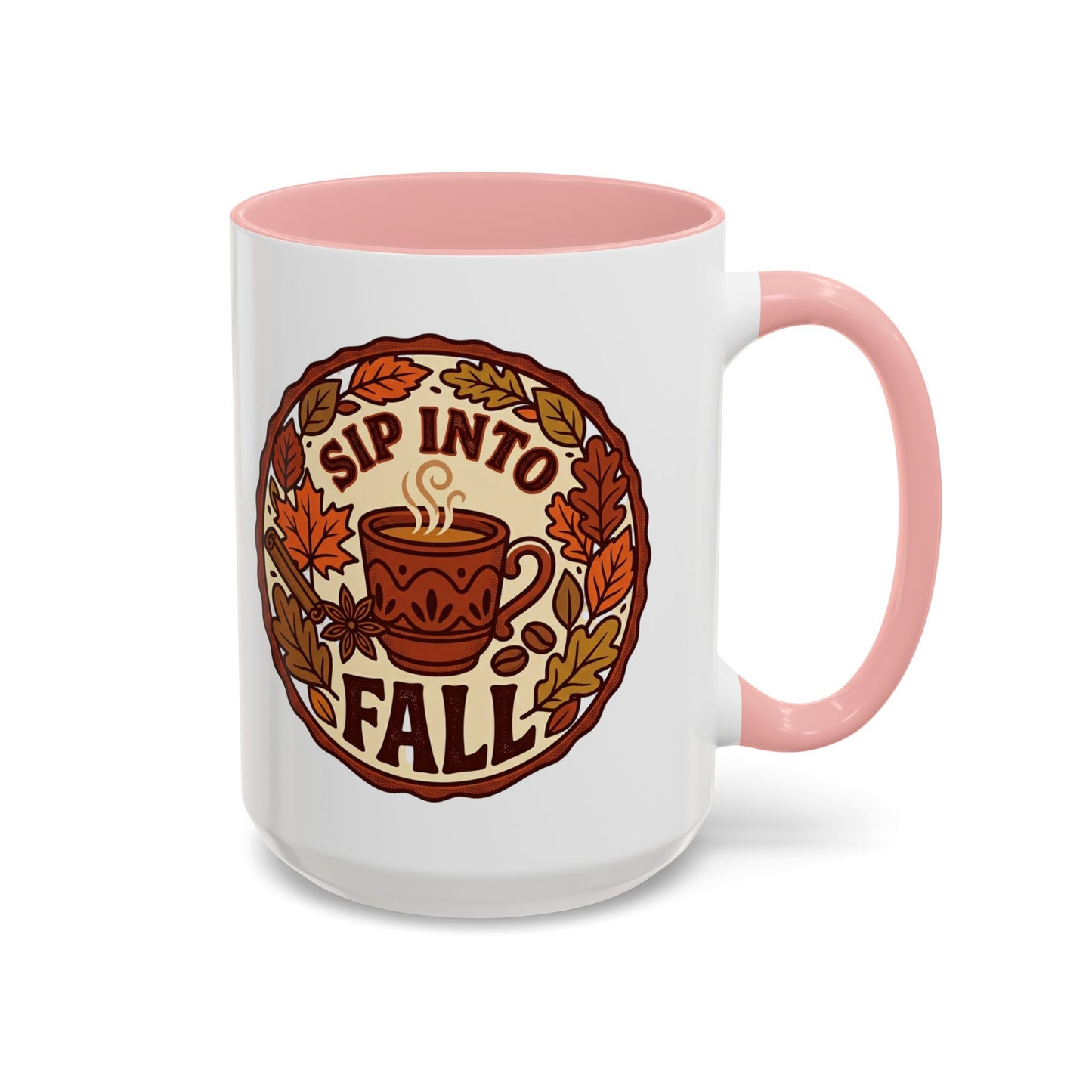 Sip Into Fall Accent Coffee Mug — Autumn Leaves & Hot Cup Design (11/15oz)