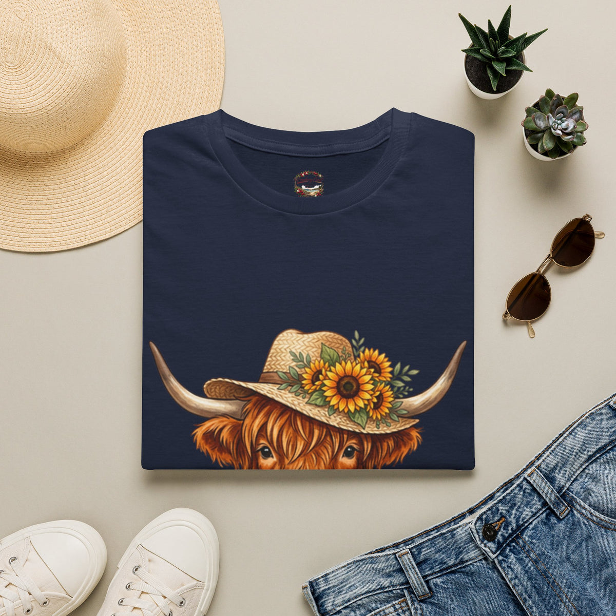 Highland Cow T-Shirt — Sunflower Straw Hat Cow Graphic Tee
