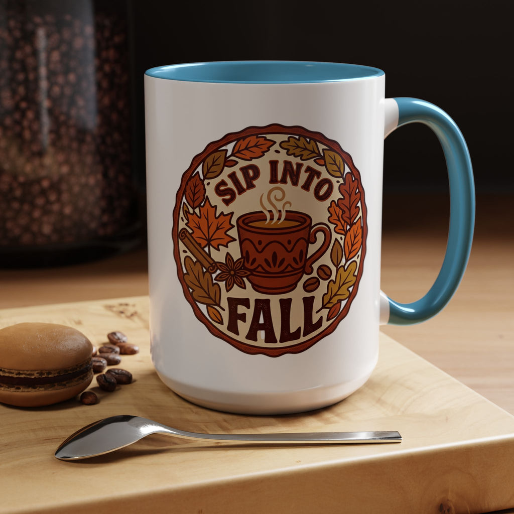 Sip Into Fall Accent Coffee Mug — Autumn Leaves & Hot Cup Design (11/15oz)