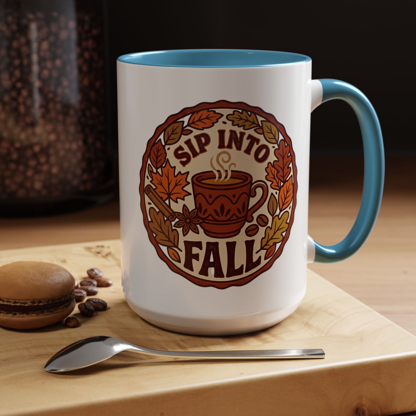 Sip Into Fall Accent Coffee Mug — Autumn Leaves & Hot Cup Design (11/15oz)