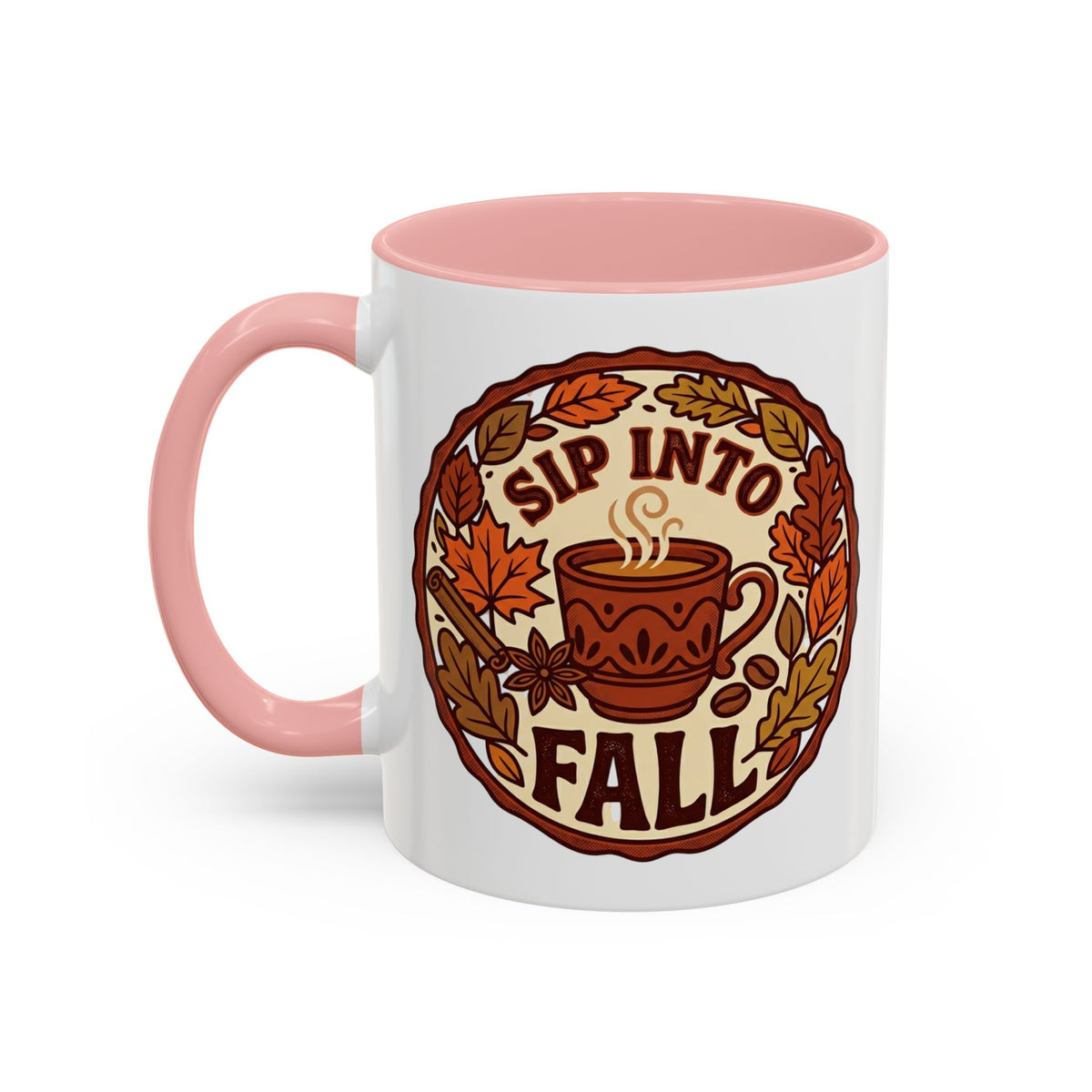 Sip Into Fall Accent Coffee Mug — Autumn Leaves & Hot Cup Design (11/15oz)