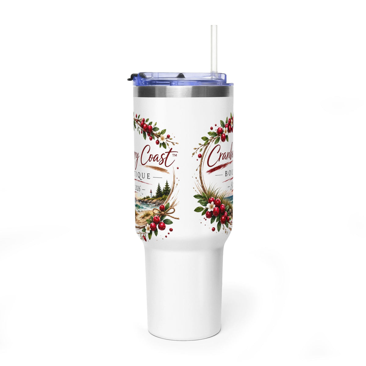 Cranberry Coast 40oz Vacuum Tumbler — Insulated Travel Mug with Handle and Straw