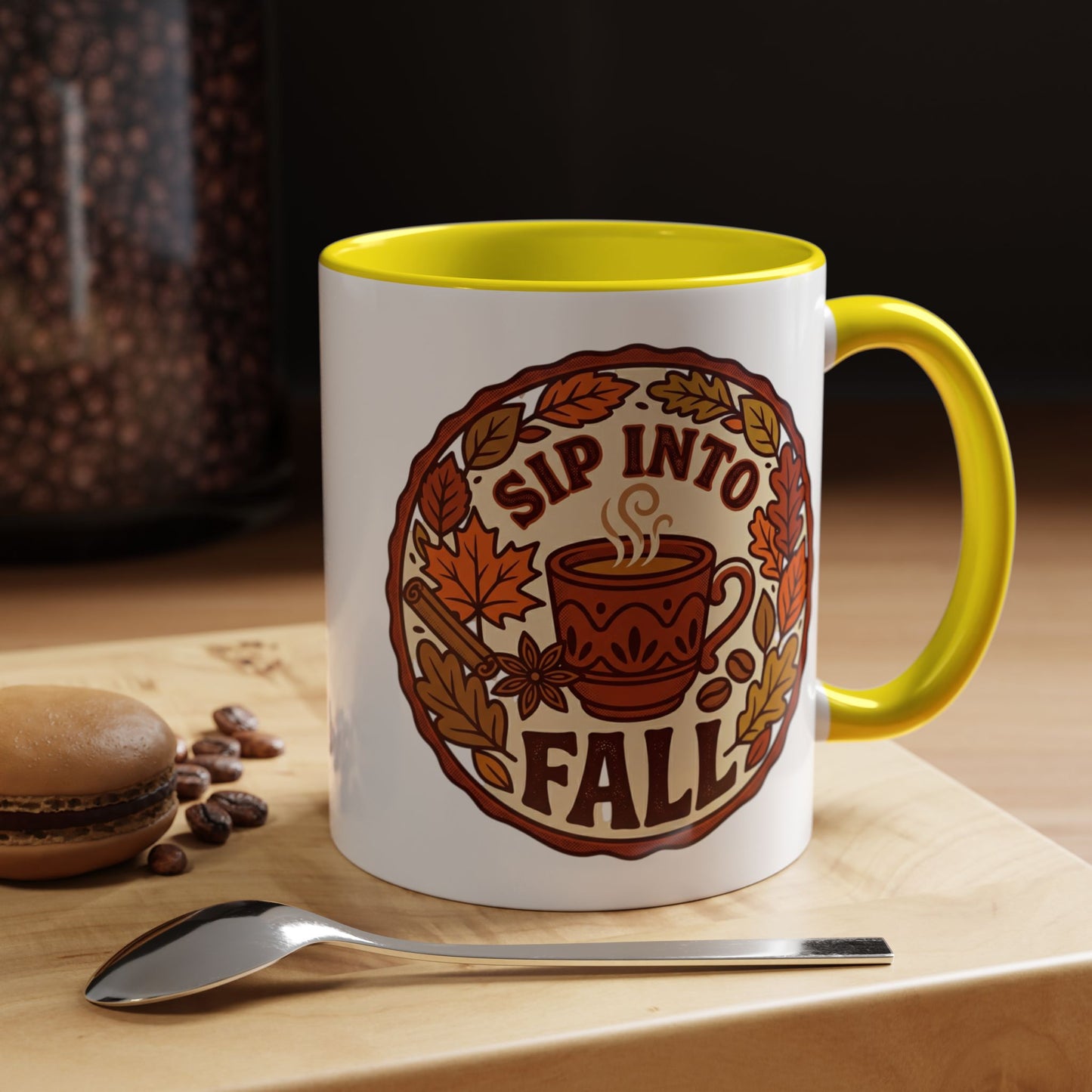 Sip Into Fall Accent Coffee Mug — Autumn Leaves & Hot Cup Design (11/15oz)