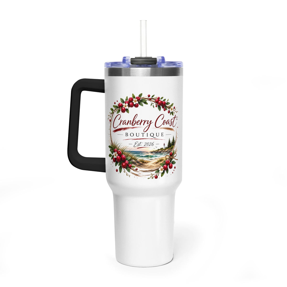 Cranberry Coast 40oz Vacuum Tumbler — Insulated Travel Mug with Handle and Straw