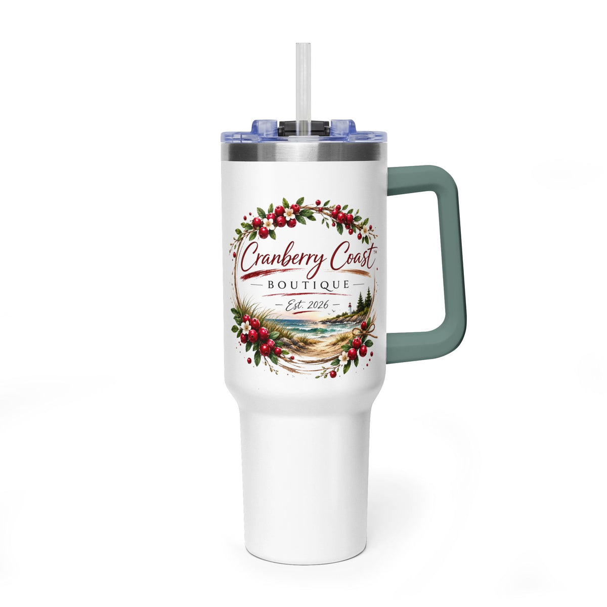 Cranberry Coast 40oz Vacuum Tumbler — Insulated Travel Mug with Handle and Straw