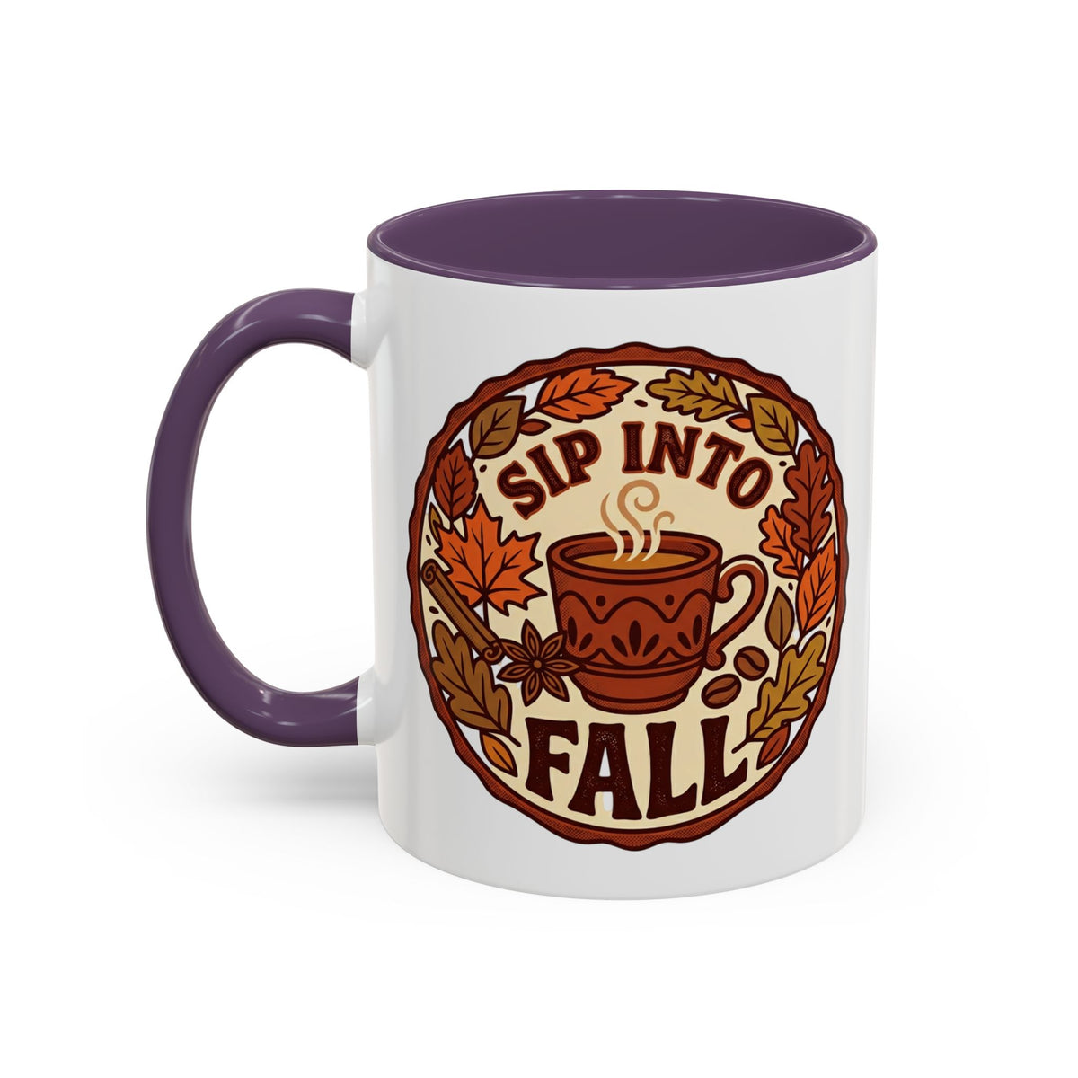 Sip Into Fall Accent Coffee Mug — Autumn Leaves & Hot Cup Design (11/15oz)