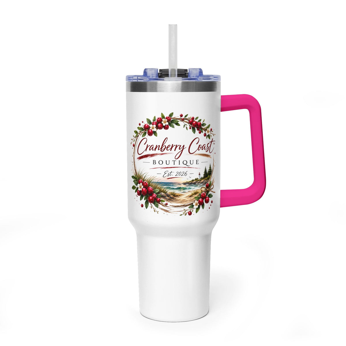 Cranberry Coast 40oz Vacuum Tumbler — Insulated Travel Mug with Handle and Straw