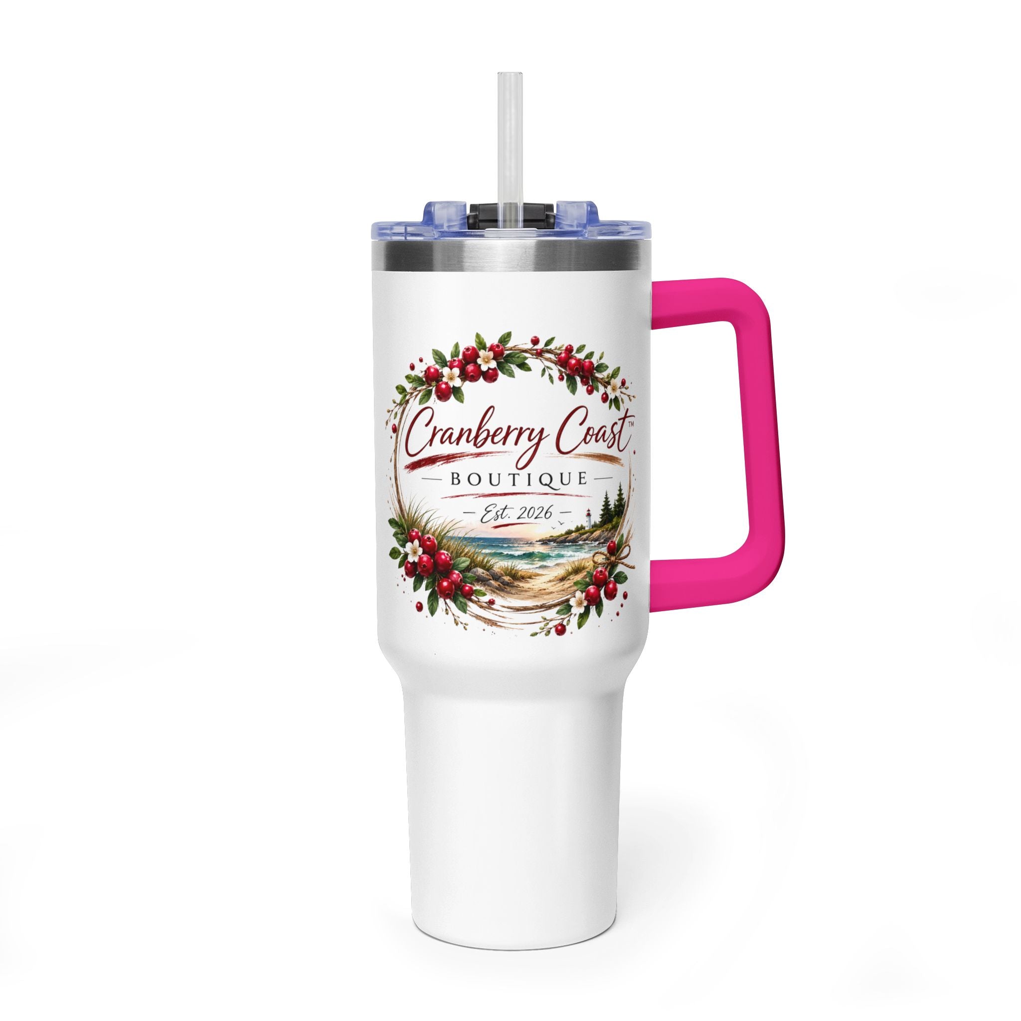 Cranberry Coast 40oz Vacuum Tumbler — Insulated Travel Mug with Handle and Straw