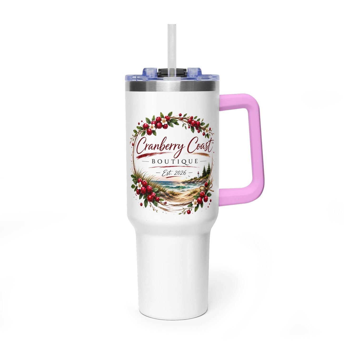 Cranberry Coast 40oz Vacuum Tumbler — Insulated Travel Mug with Handle and Straw