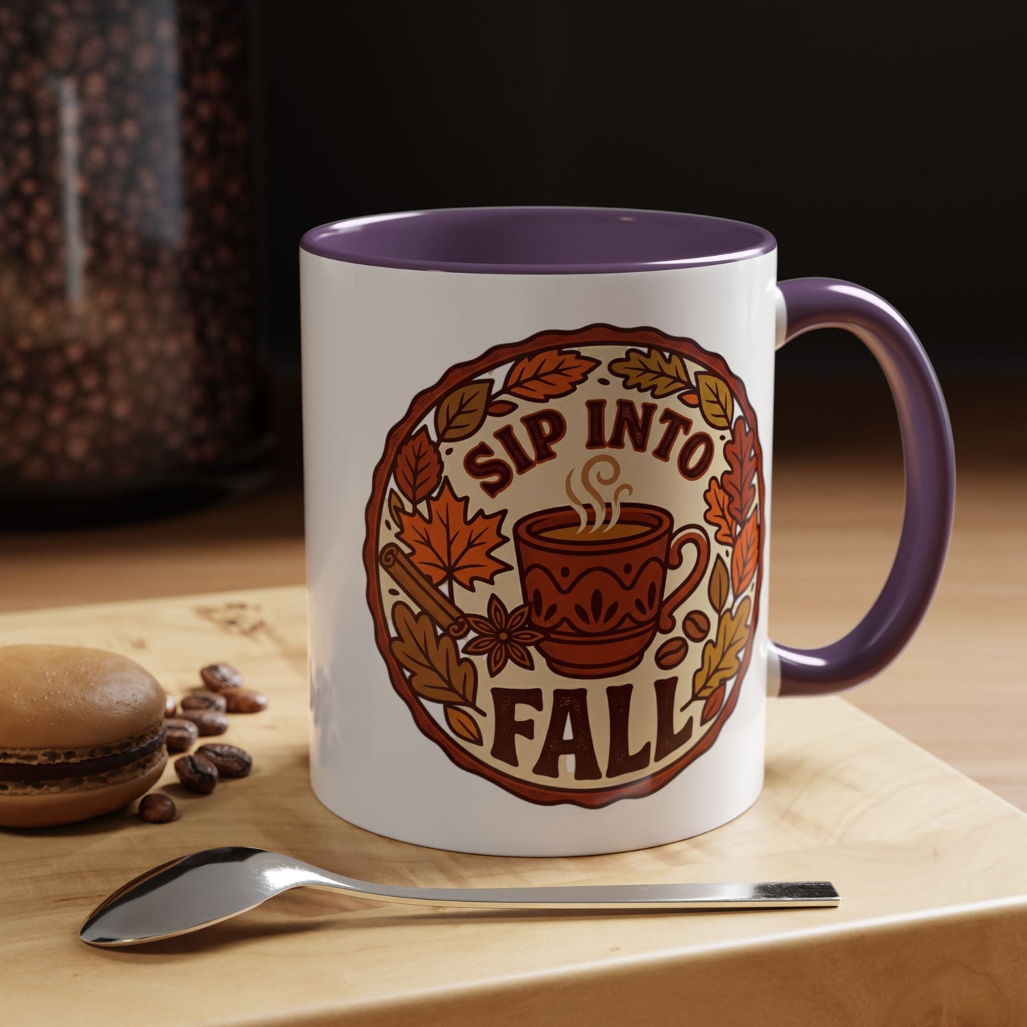 Sip Into Fall Accent Coffee Mug — Autumn Leaves & Hot Cup Design (11/15oz)