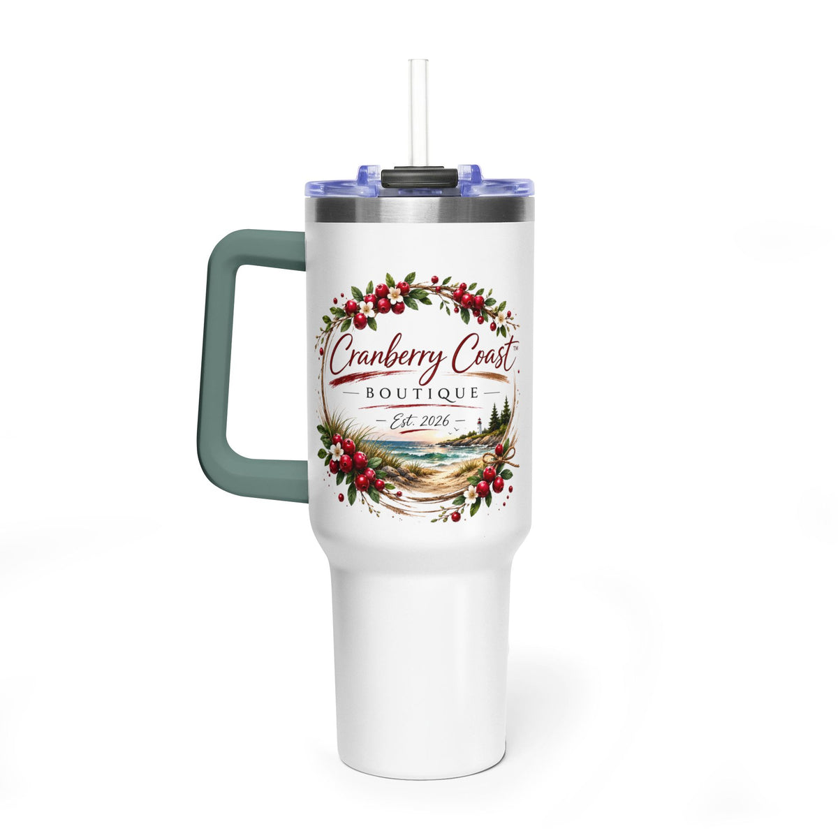 Cranberry Coast 40oz Vacuum Tumbler — Insulated Travel Mug with Handle and Straw