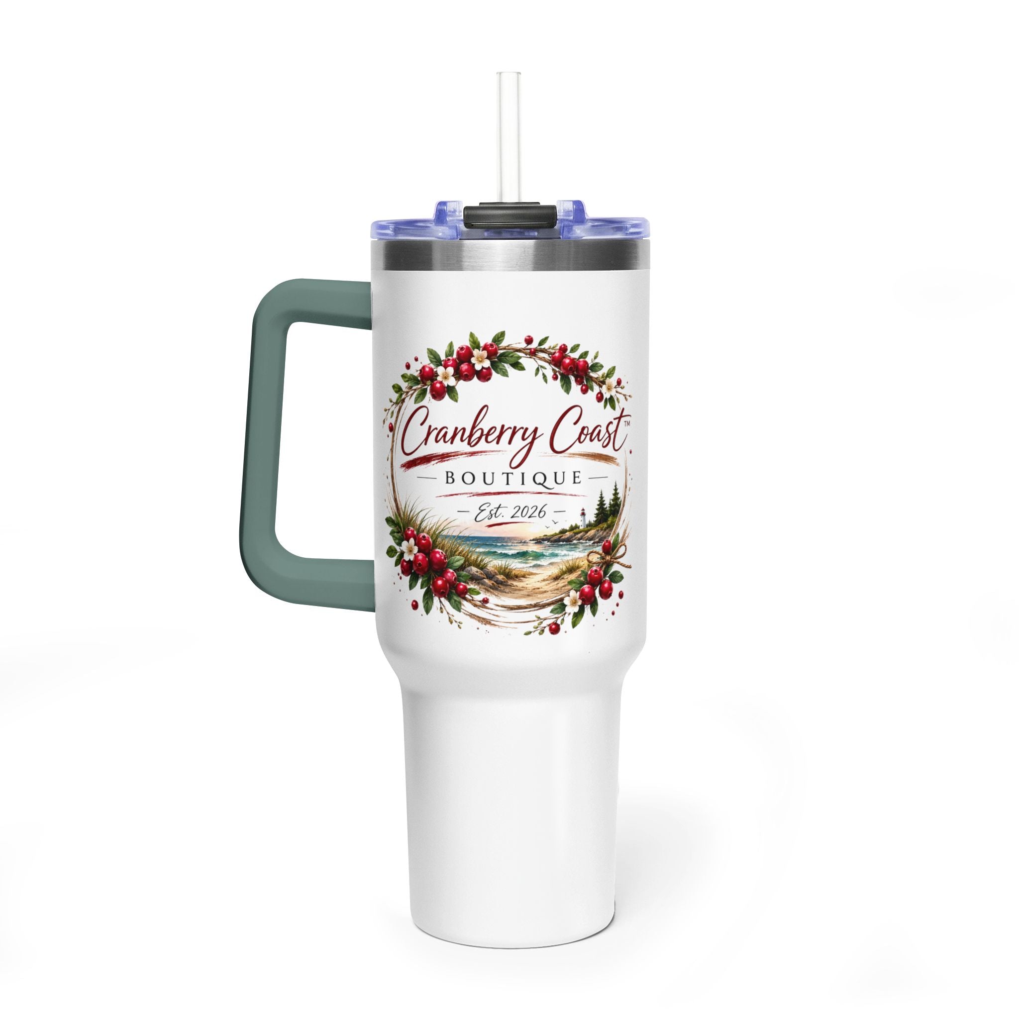 Cranberry Coast 40oz Vacuum Tumbler — Insulated Travel Mug with Handle and Straw