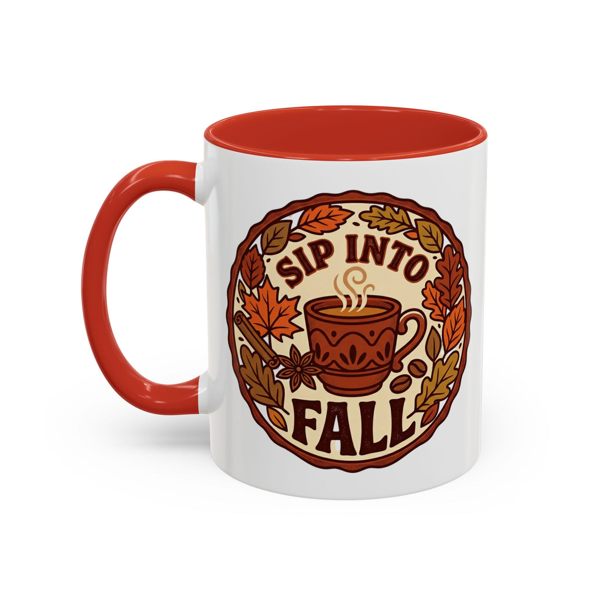 Sip Into Fall Accent Coffee Mug — Autumn Leaves & Hot Cup Design (11/15oz)