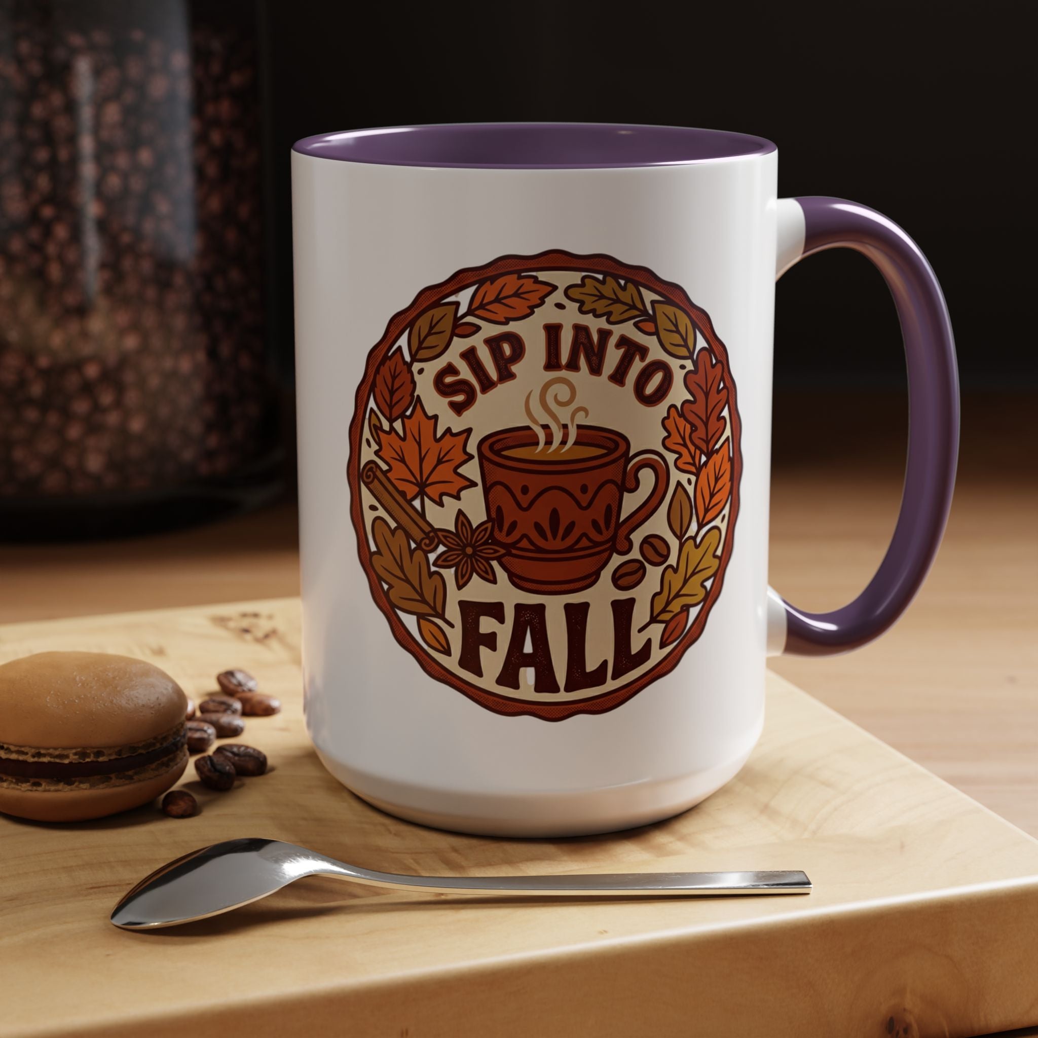 Sip Into Fall Accent Coffee Mug — Autumn Leaves & Hot Cup Design (11/15oz)