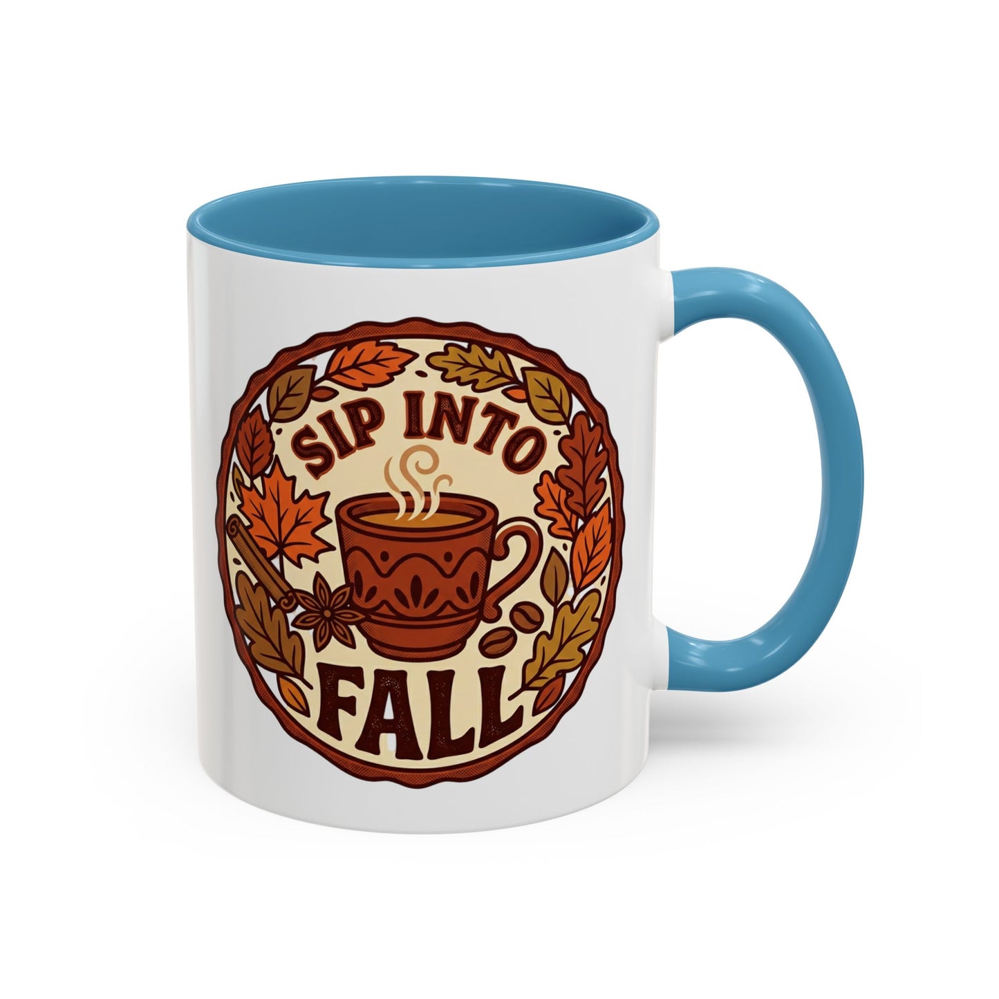 Sip Into Fall Accent Coffee Mug — Autumn Leaves & Hot Cup Design (11/15oz)