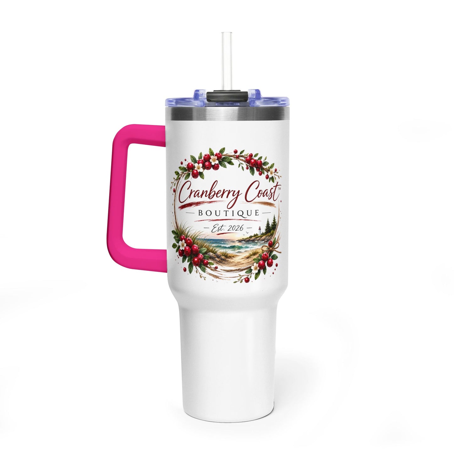 Cranberry Coast 40oz Vacuum Tumbler — Insulated Travel Mug with Handle and Straw