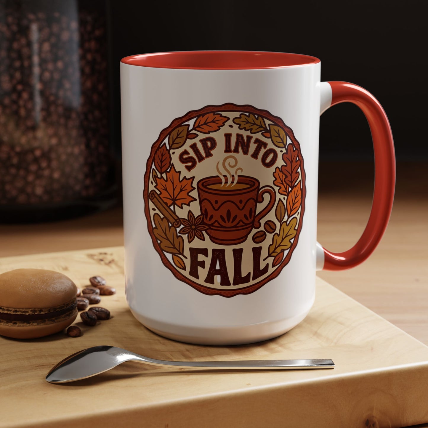 Sip Into Fall Accent Coffee Mug — Autumn Leaves & Hot Cup Design (11/15oz)