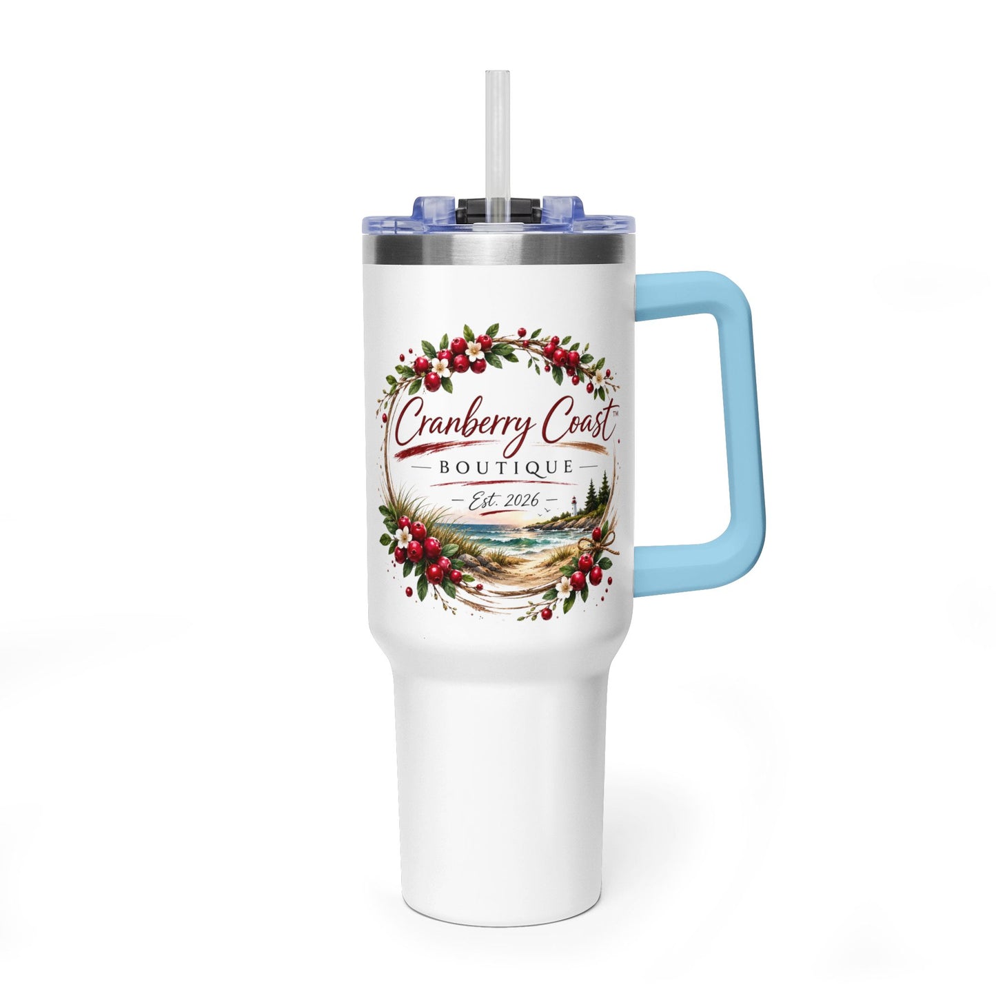 Cranberry Coast 40oz Vacuum Tumbler — Insulated Travel Mug with Handle and Straw