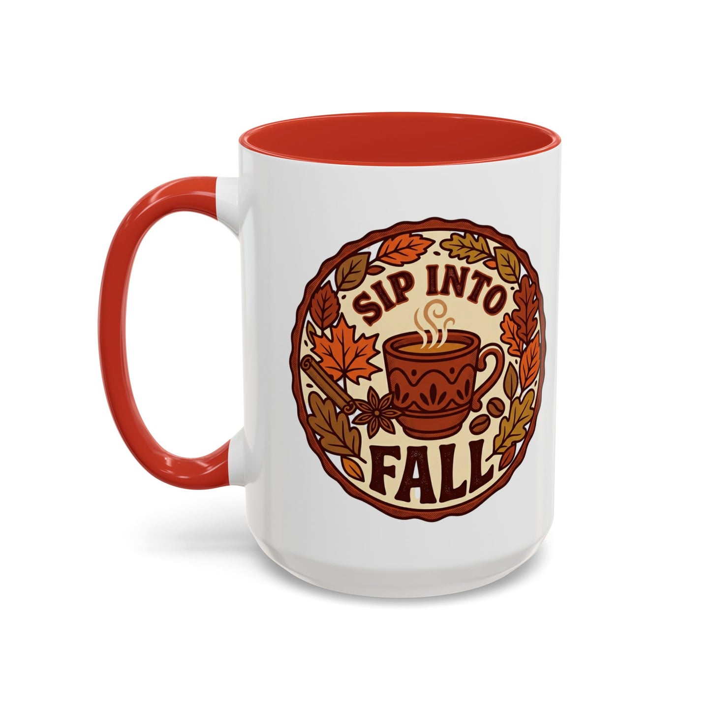 Sip Into Fall Accent Coffee Mug — Autumn Leaves & Hot Cup Design (11/15oz)