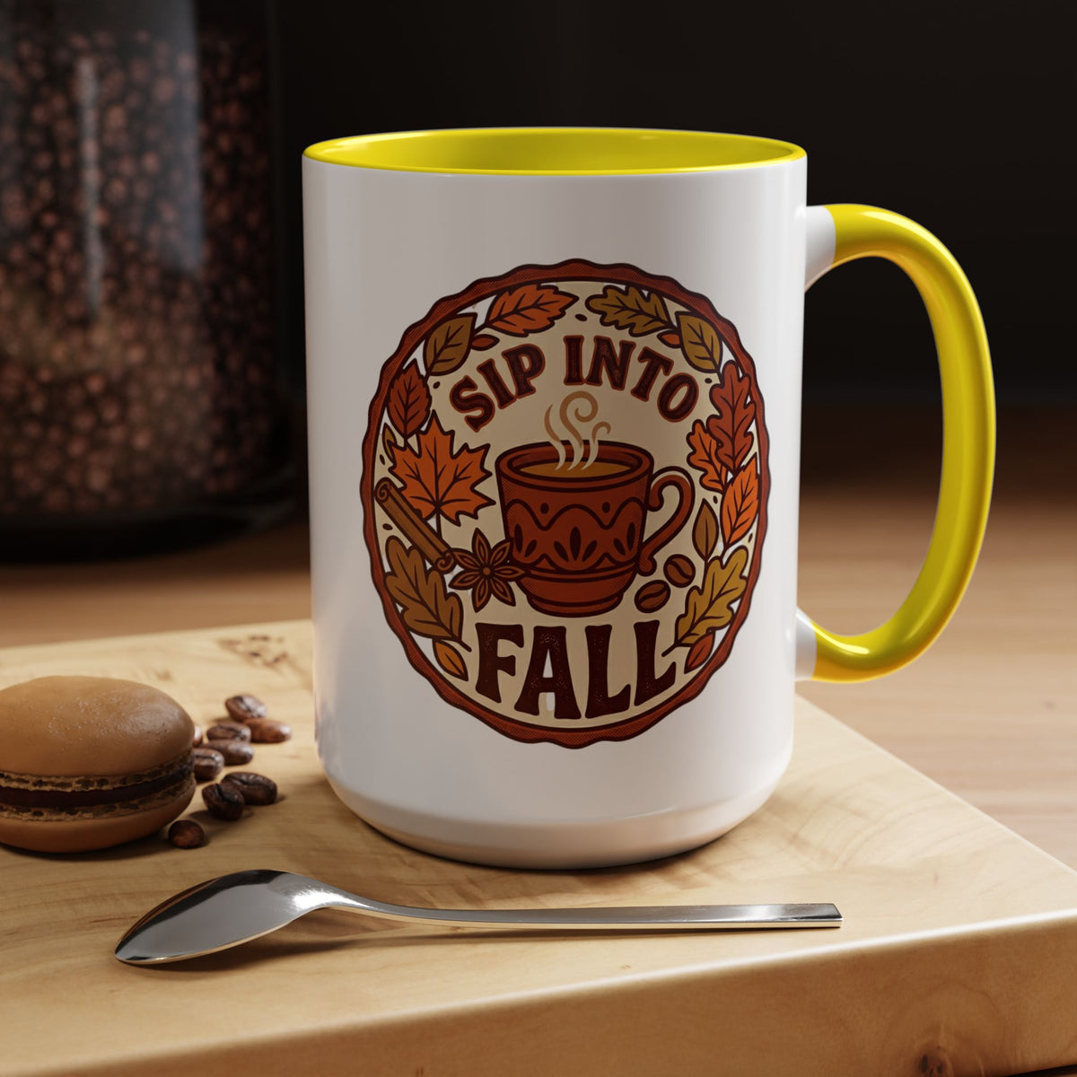 Sip Into Fall Accent Coffee Mug — Autumn Leaves & Hot Cup Design (11/15oz)