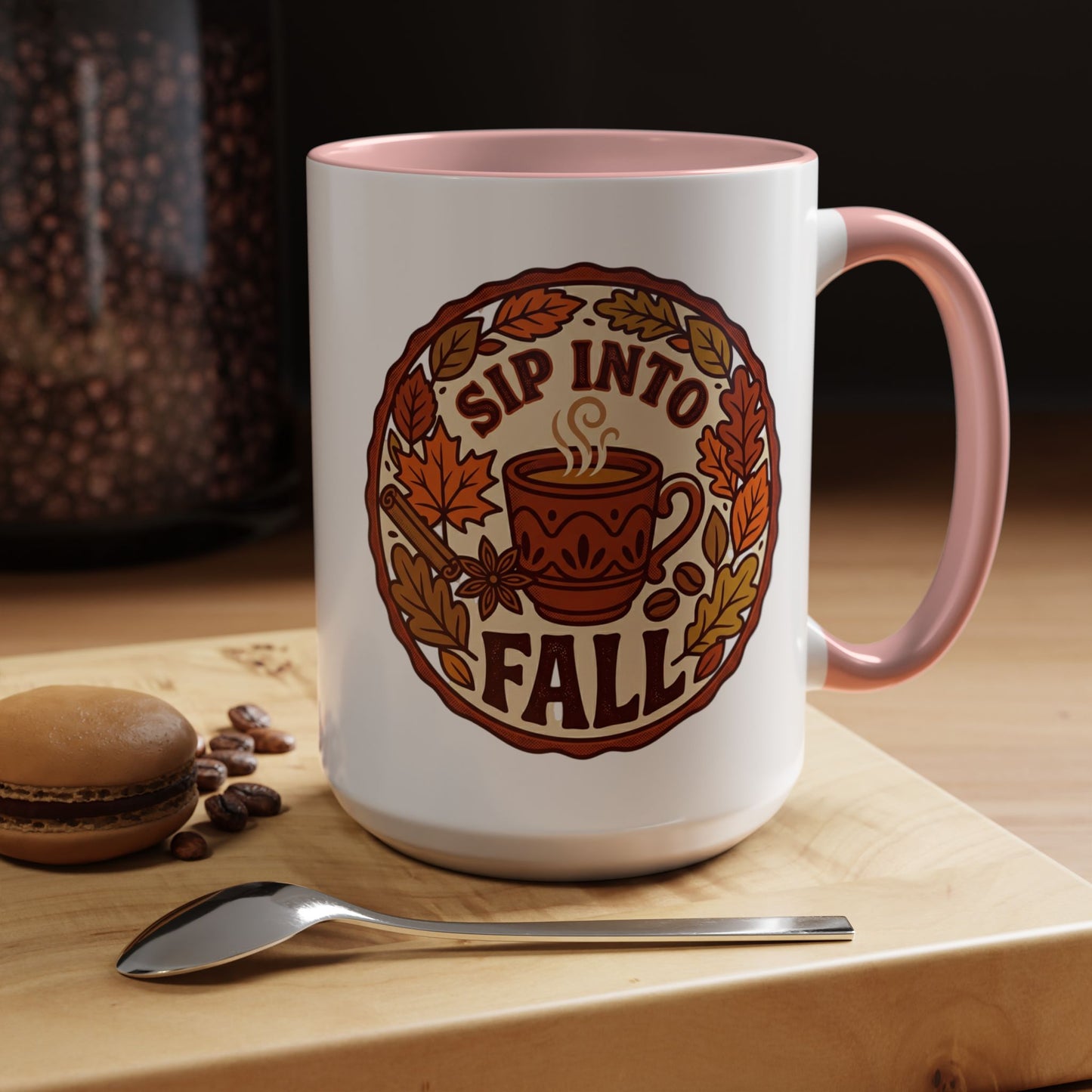 Sip Into Fall Accent Coffee Mug — Autumn Leaves & Hot Cup Design (11/15oz)