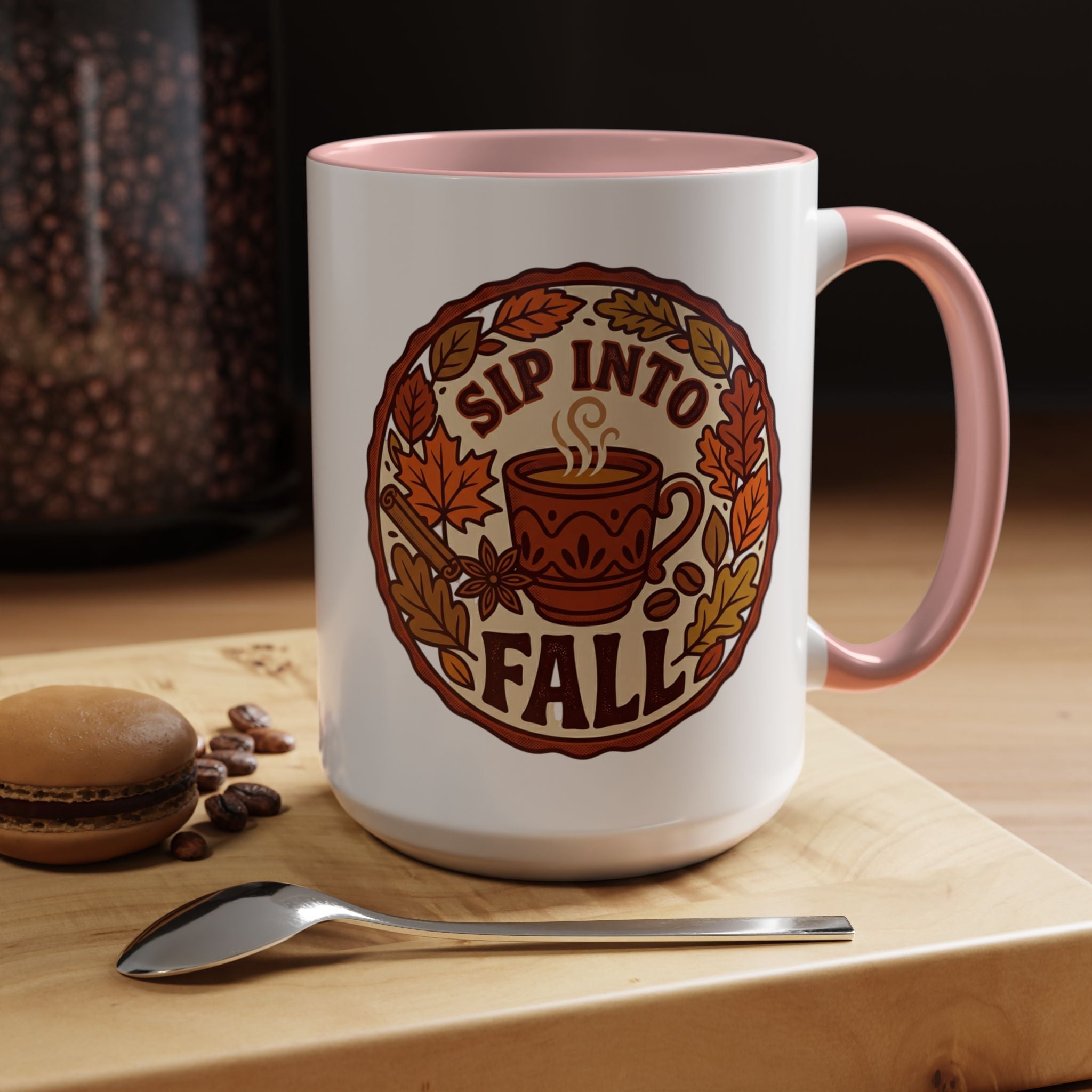 Sip Into Fall Accent Coffee Mug — Autumn Leaves & Hot Cup Design (11/15oz)