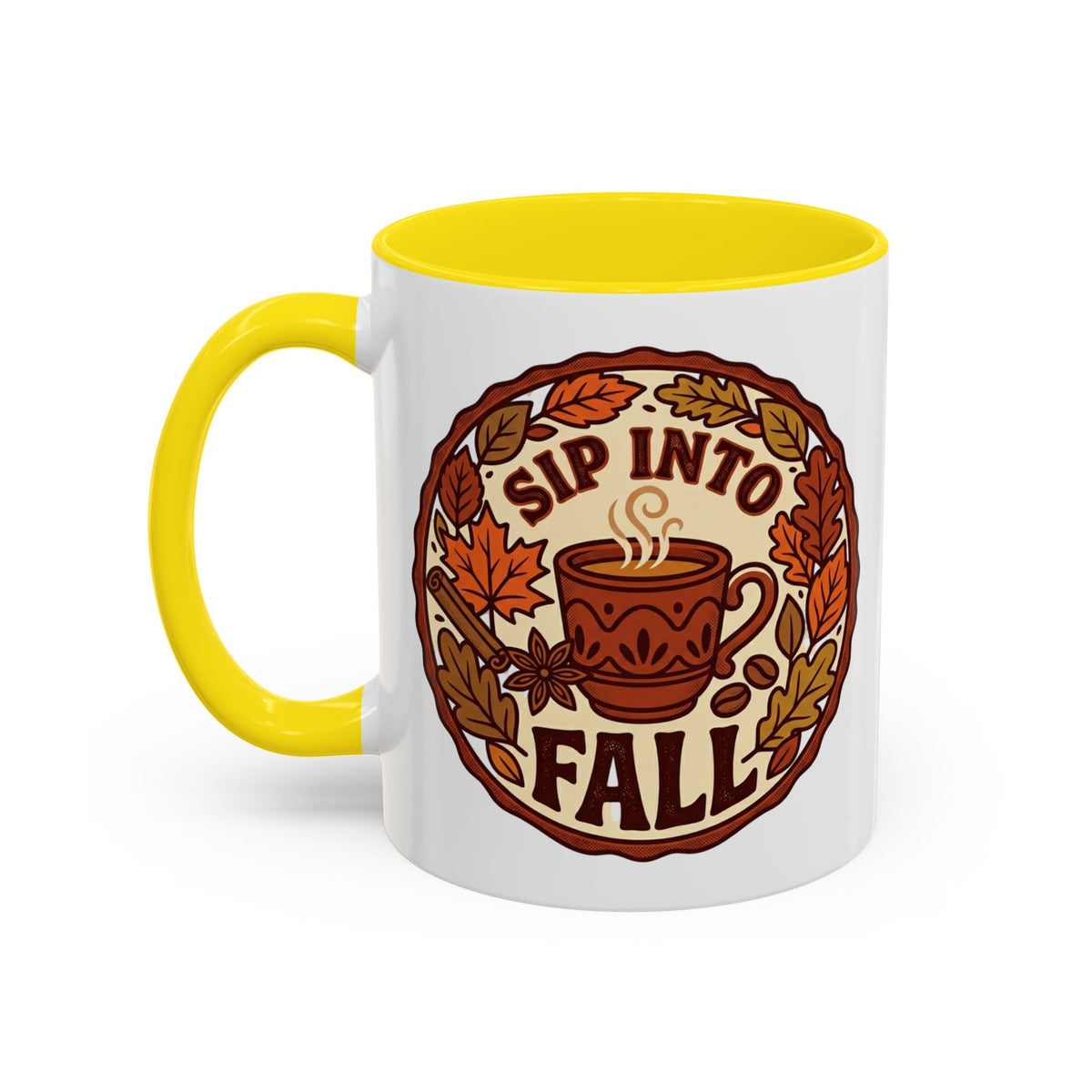 Sip Into Fall Accent Coffee Mug — Autumn Leaves & Hot Cup Design (11/15oz)