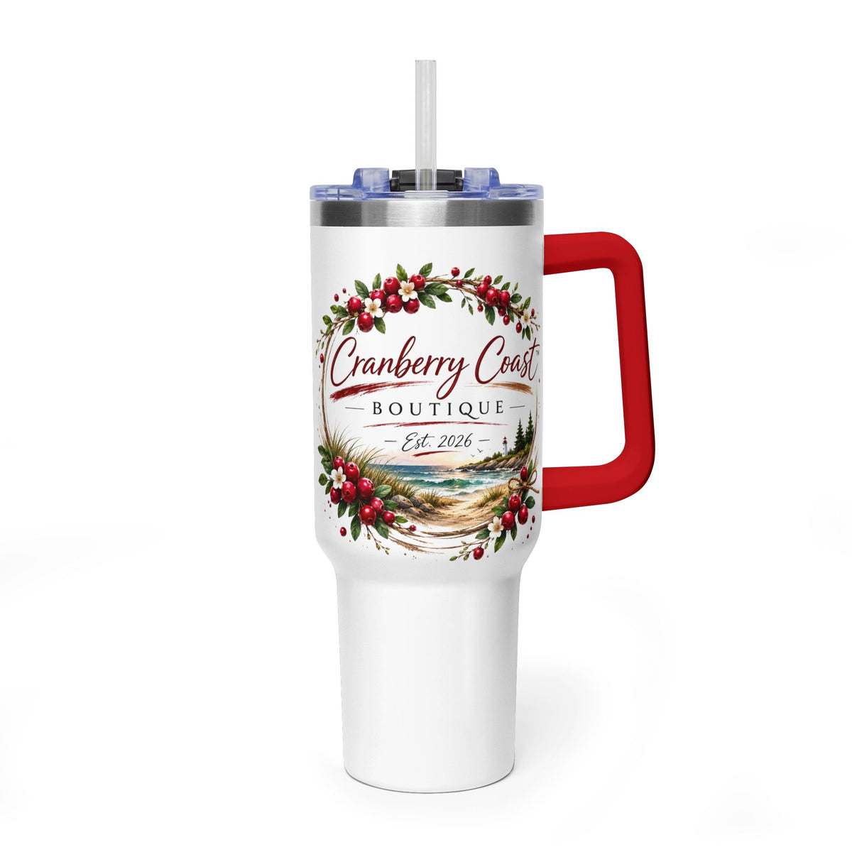 Cranberry Coast 40oz Vacuum Tumbler — Insulated Travel Mug with Handle and Straw