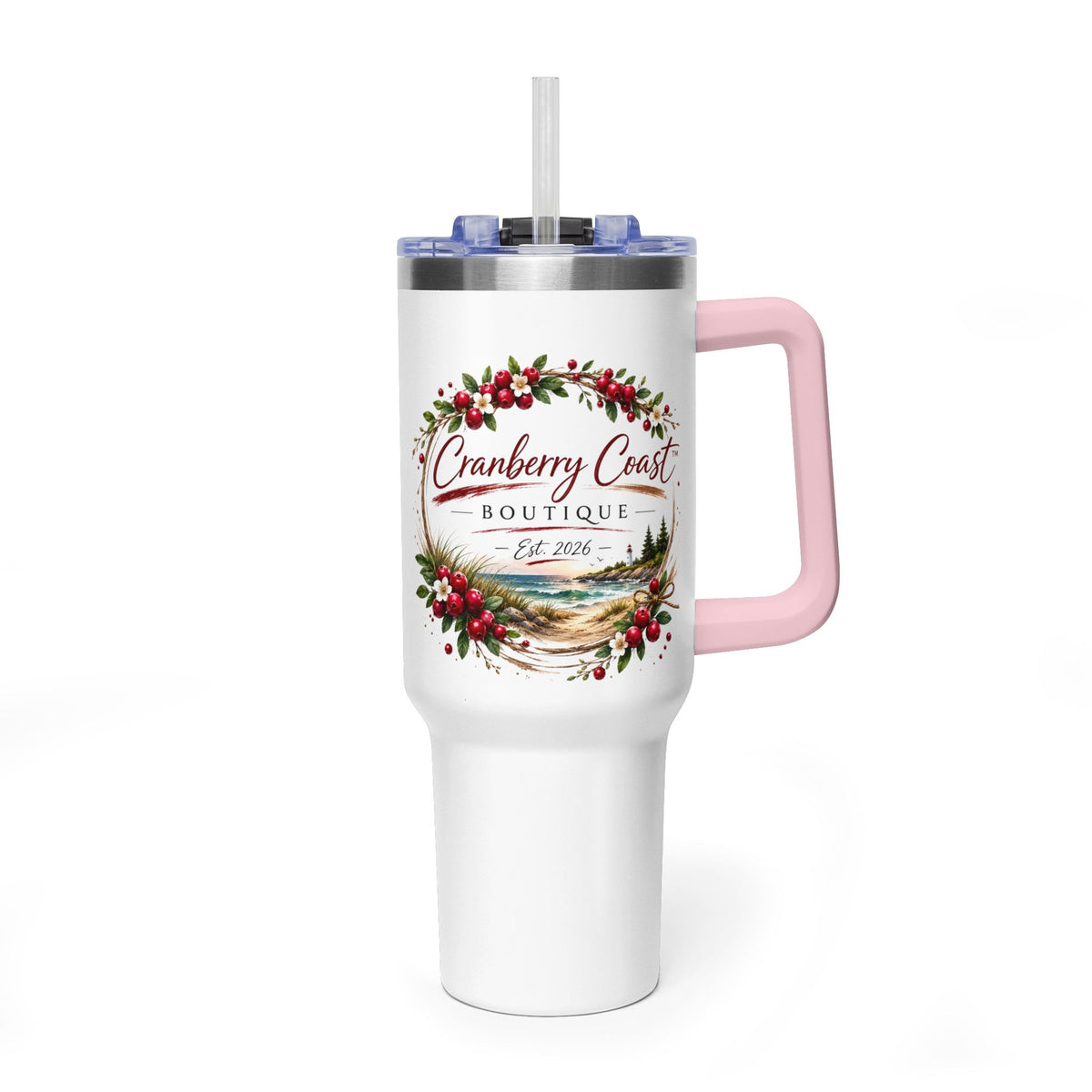Cranberry Coast 40oz Vacuum Tumbler — Insulated Travel Mug with Handle and Straw