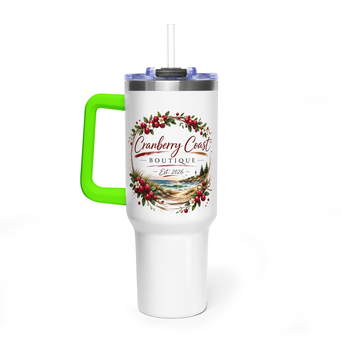 Cranberry Coast 40oz Vacuum Tumbler — Insulated Travel Mug with Handle and Straw
