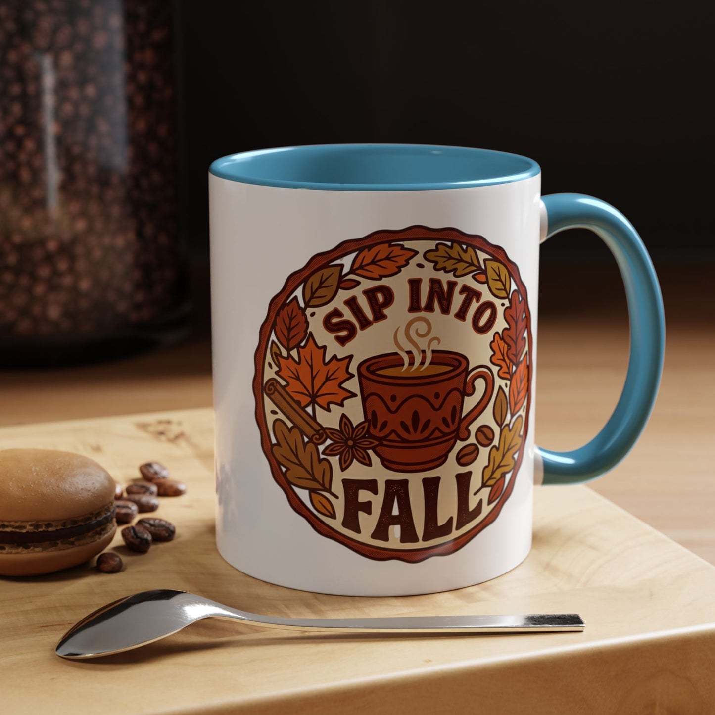 Sip Into Fall Accent Coffee Mug — Autumn Leaves & Hot Cup Design (11/15oz)
