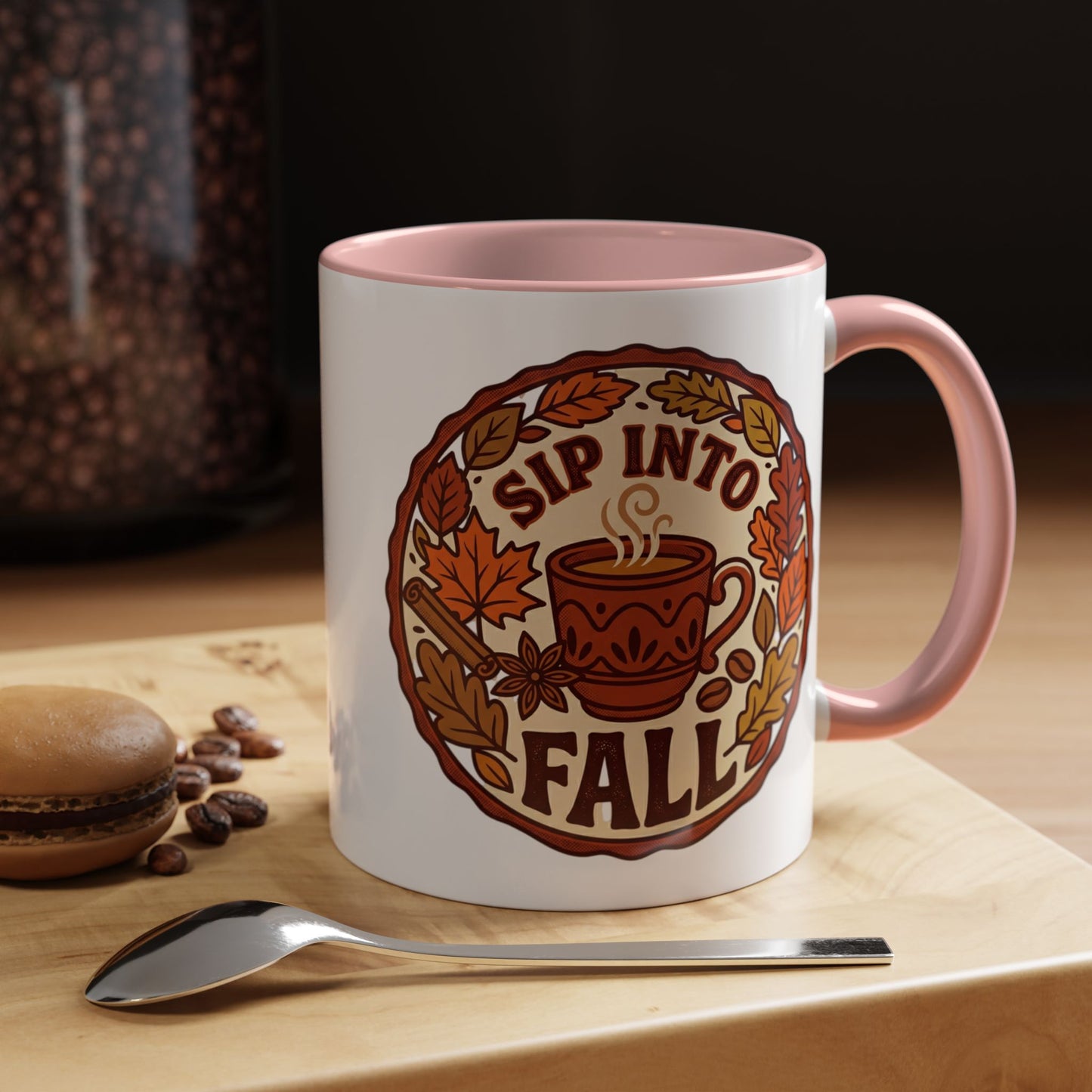 Sip Into Fall Accent Coffee Mug — Autumn Leaves & Hot Cup Design (11/15oz)