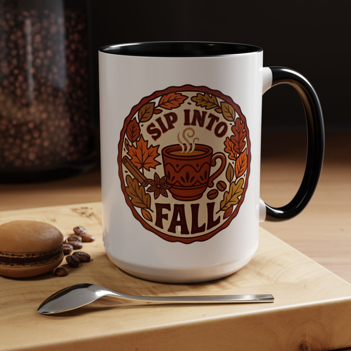 Sip Into Fall Accent Coffee Mug — Autumn Leaves & Hot Cup Design (11/15oz)
