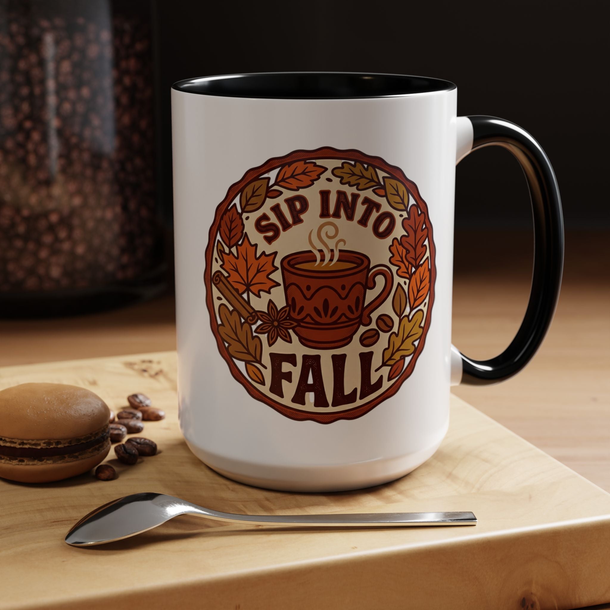 Sip Into Fall Accent Coffee Mug — Autumn Leaves & Hot Cup Design (11/15oz)