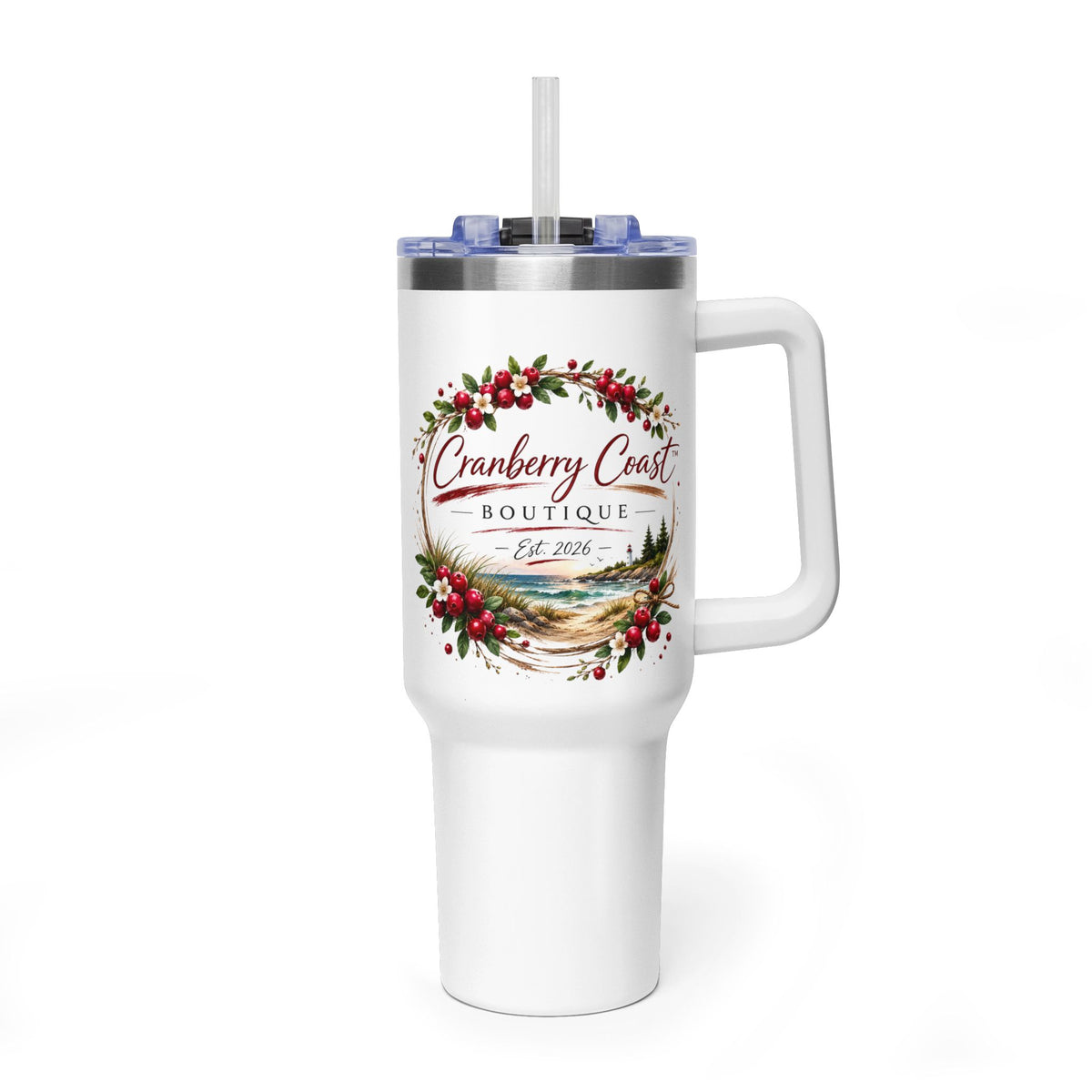 Cranberry Coast 40oz Vacuum Tumbler — Insulated Travel Mug with Handle and Straw
