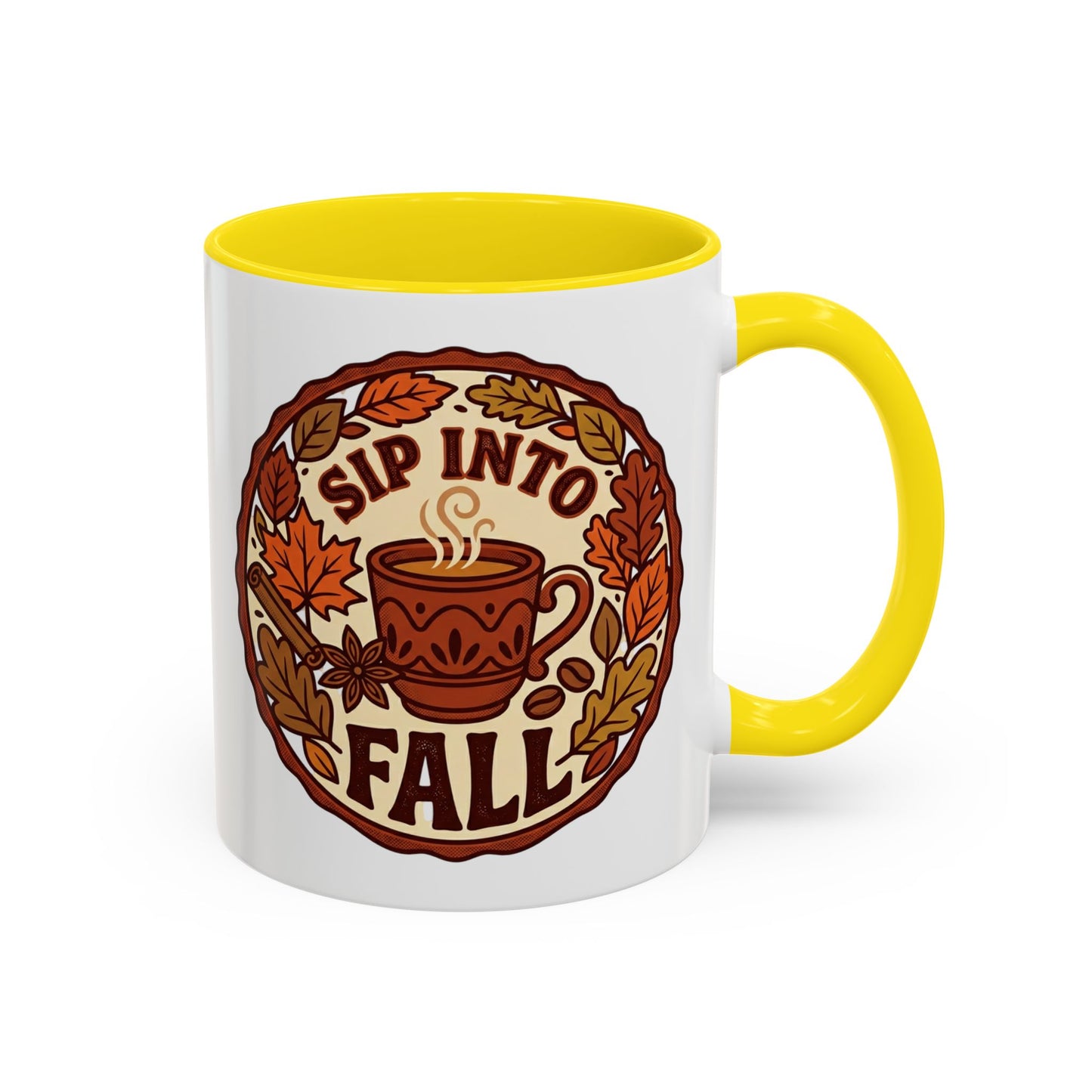 Sip Into Fall Accent Coffee Mug — Autumn Leaves & Hot Cup Design (11/15oz)
