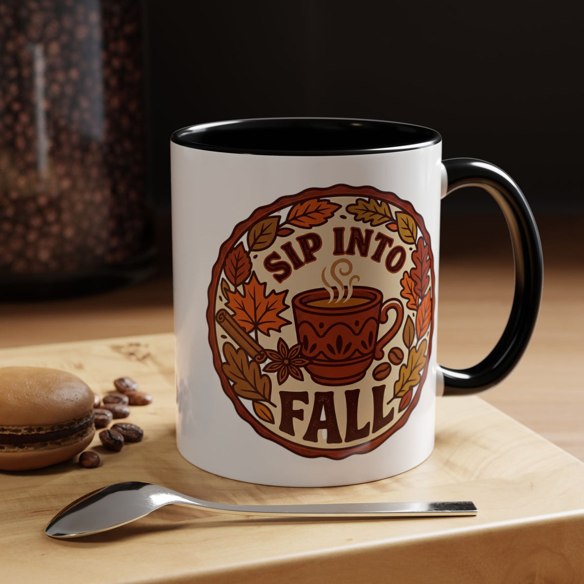 Sip Into Fall Accent Coffee Mug — Autumn Leaves & Hot Cup Design (11/15oz)