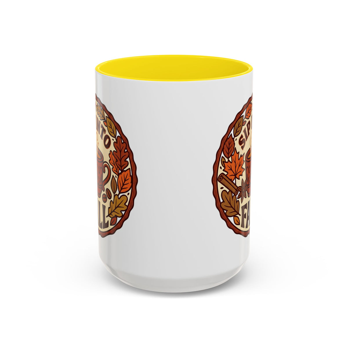 Sip Into Fall Accent Coffee Mug — Autumn Leaves & Hot Cup Design (11/15oz)