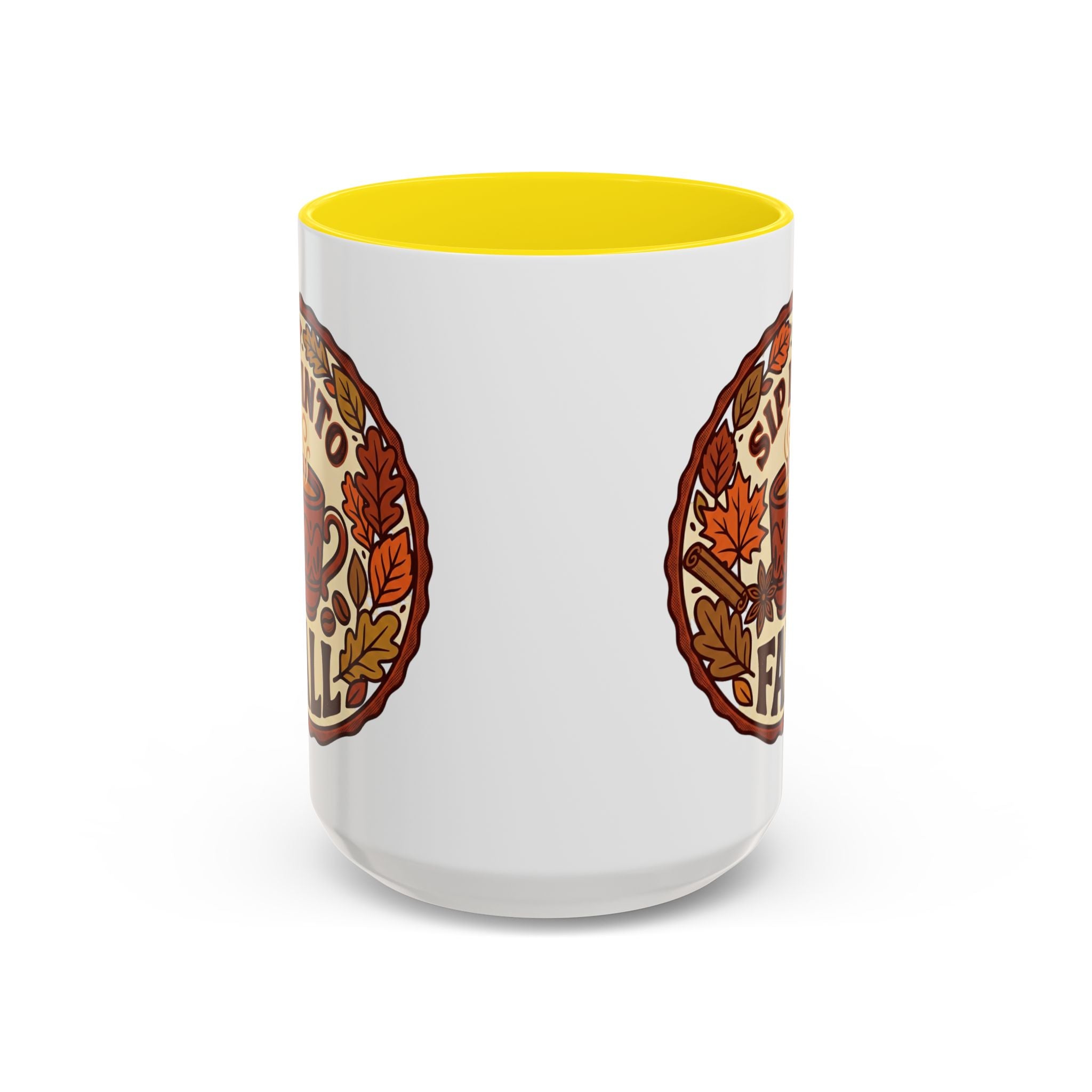 Sip Into Fall Accent Coffee Mug — Autumn Leaves & Hot Cup Design (11/15oz)