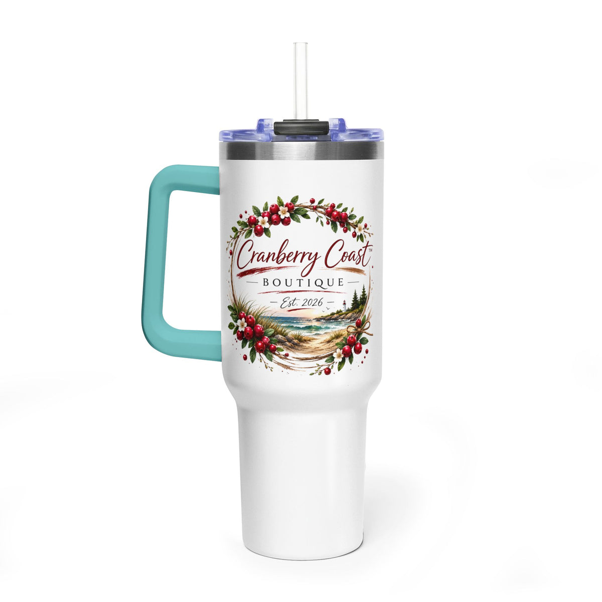 Cranberry Coast 40oz Vacuum Tumbler — Insulated Travel Mug with Handle and Straw