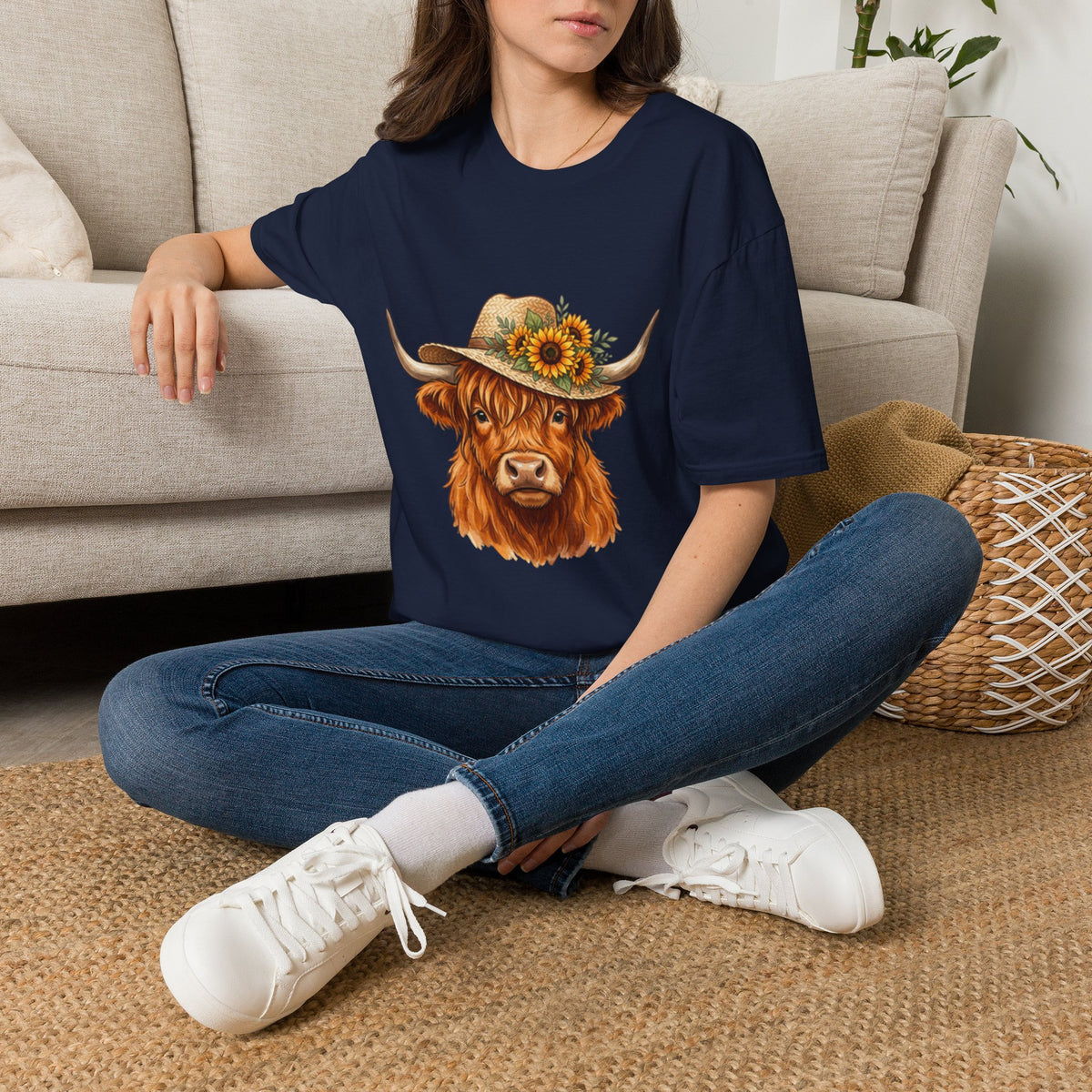 Highland Cow T-Shirt — Sunflower Straw Hat Cow Graphic Tee