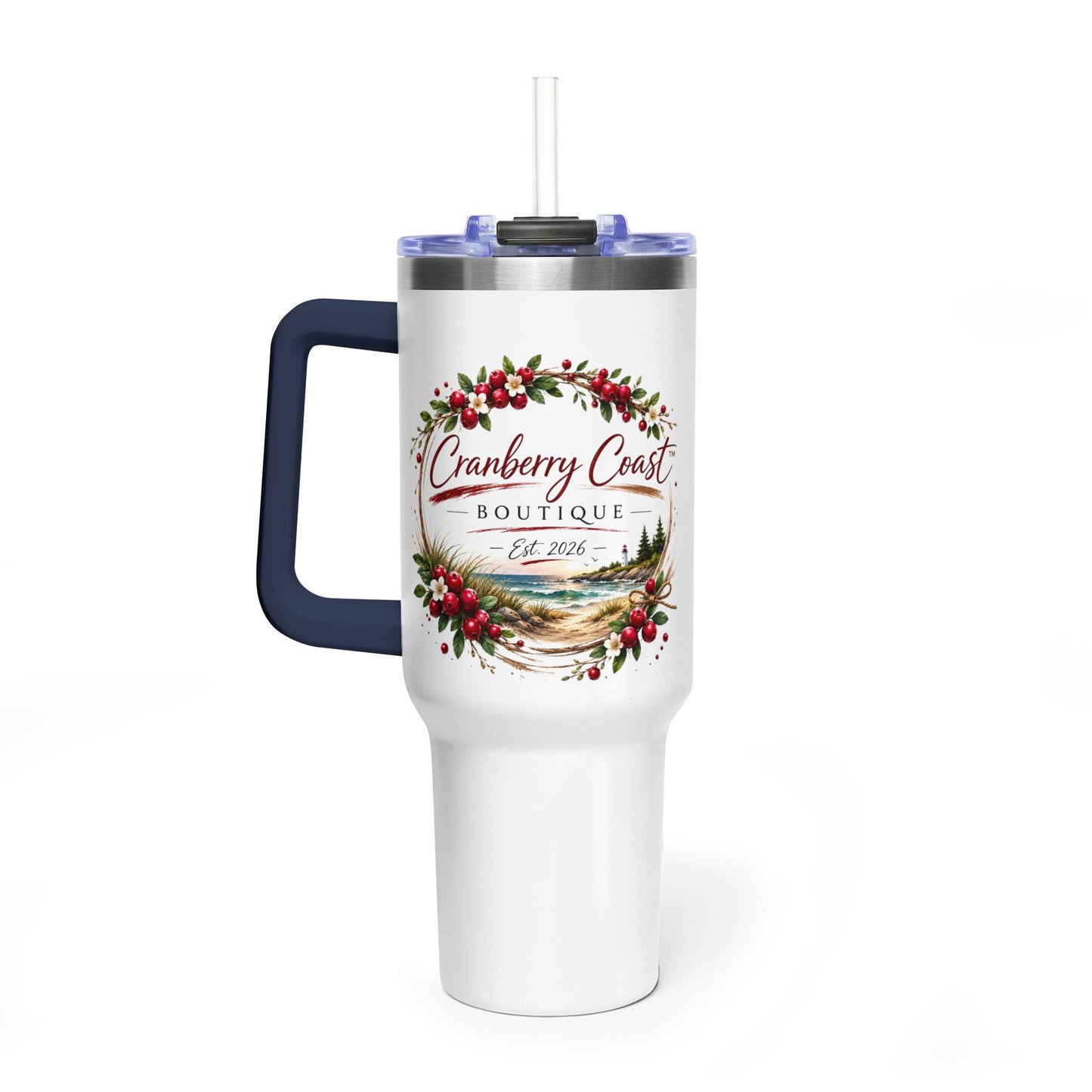 Cranberry Coast 40oz Vacuum Tumbler — Insulated Travel Mug with Handle and Straw