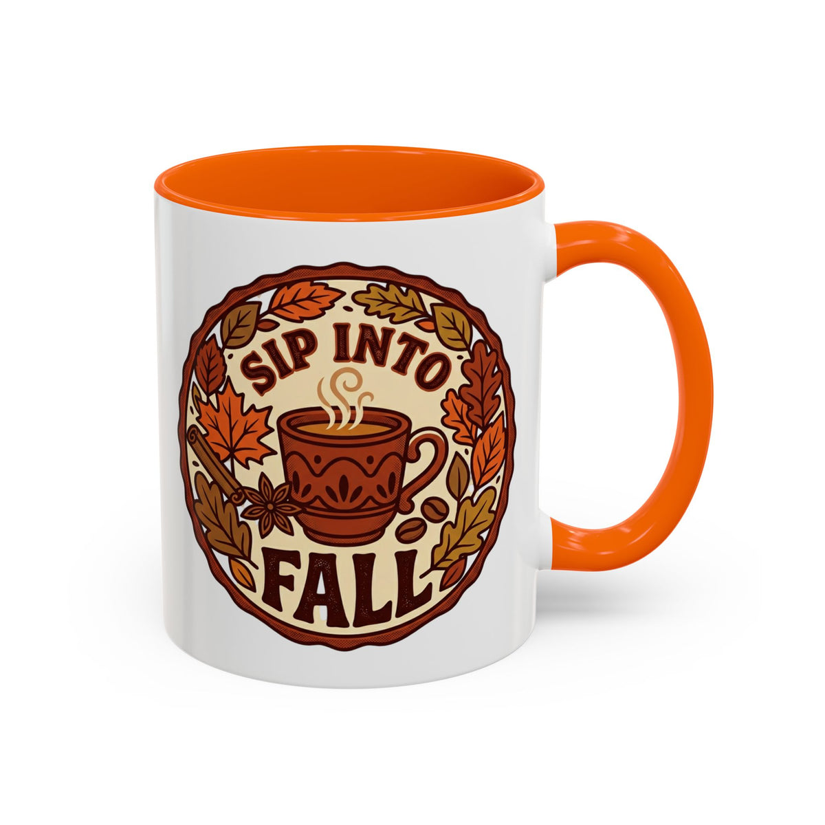 Sip Into Fall Accent Coffee Mug — Autumn Leaves & Hot Cup Design (11/15oz)
