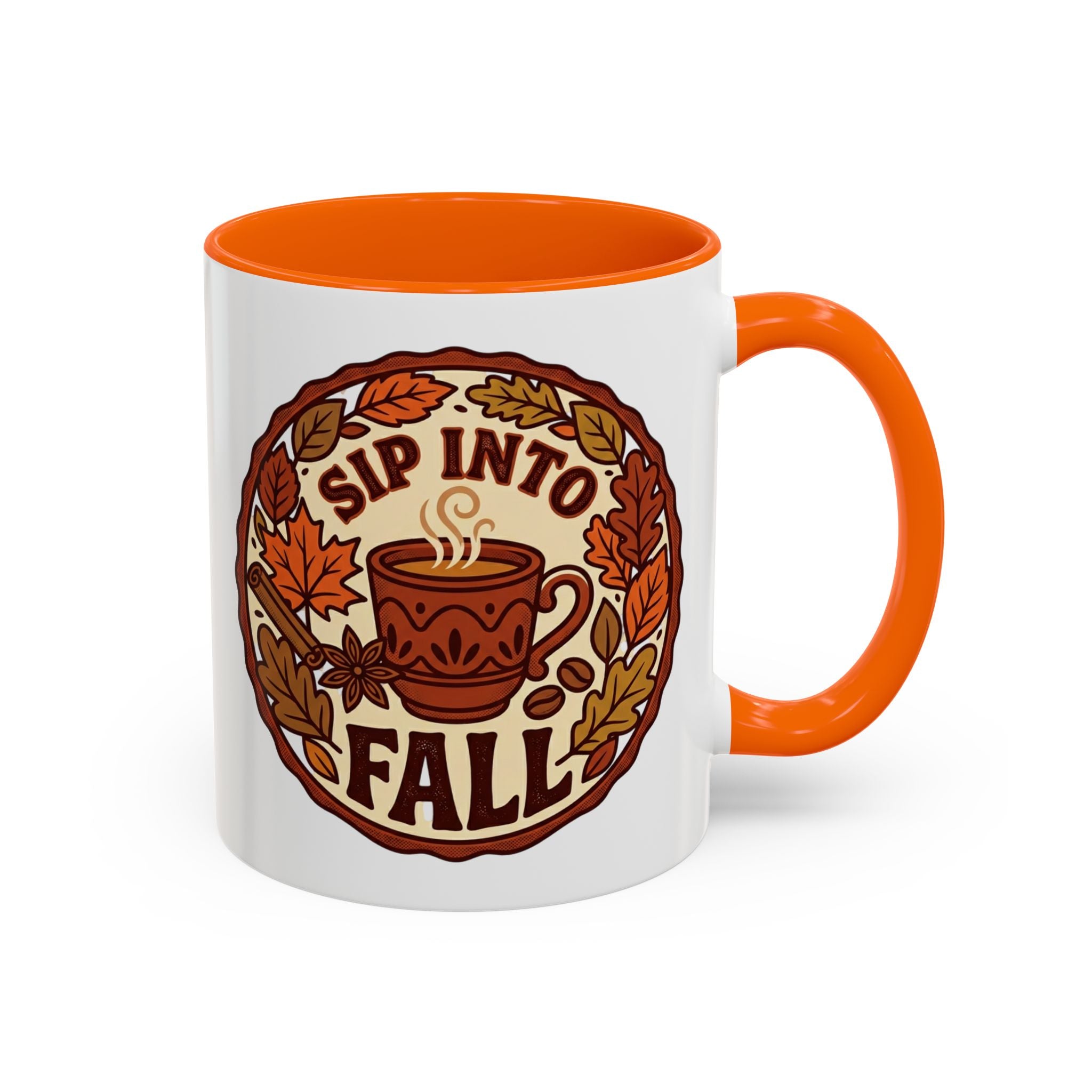 Sip Into Fall Accent Coffee Mug — Autumn Leaves & Hot Cup Design (11/15oz)